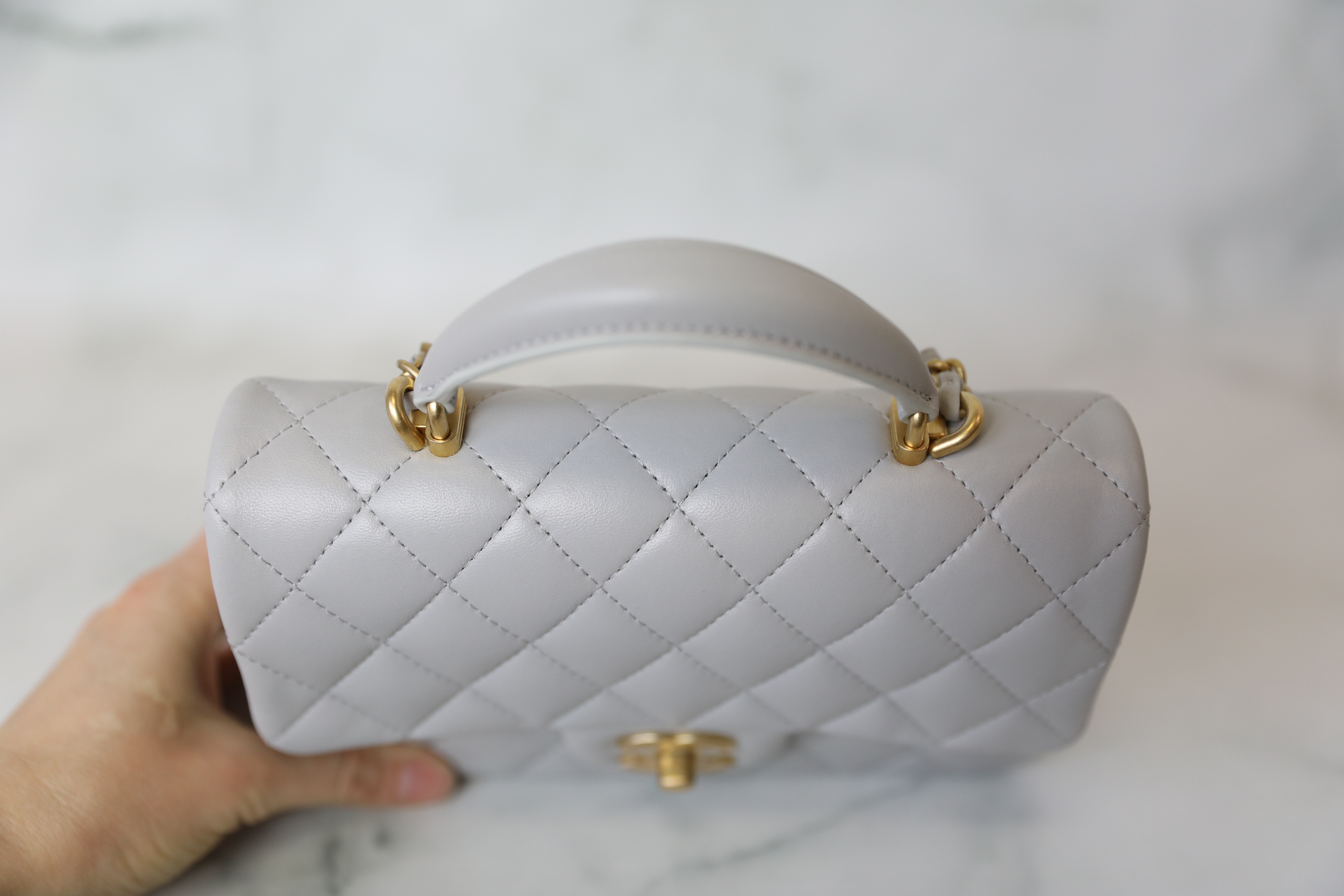 Chanel Mini Rectangular with Top Handle, Grey Lambskin with Gold