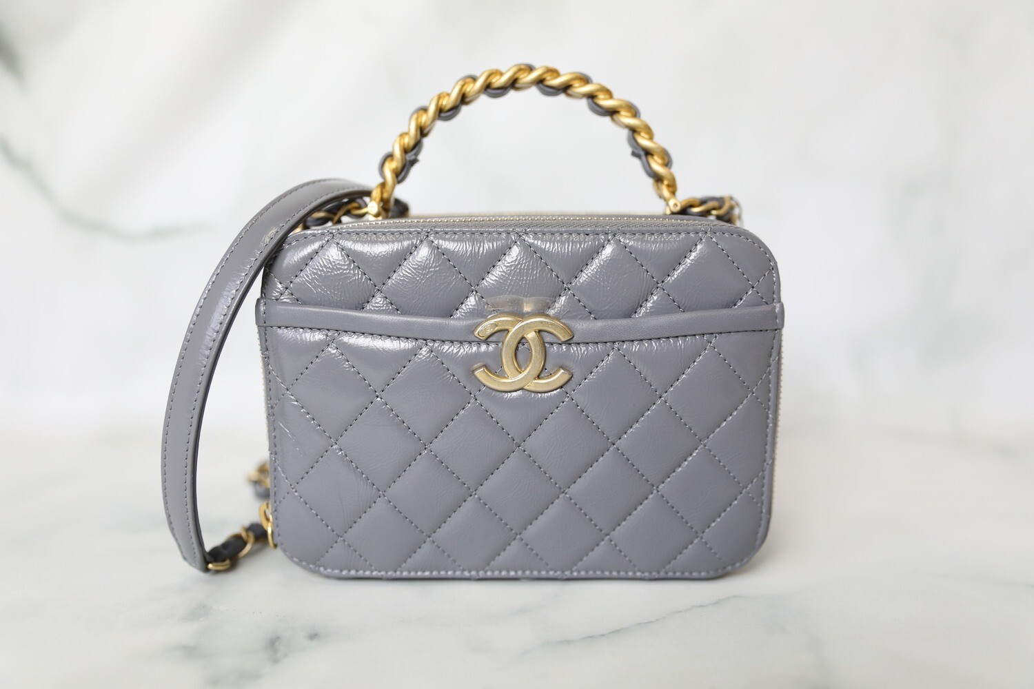 Chanel Grey Quilted Leather Vanity Case Top Handle Bag Chanel