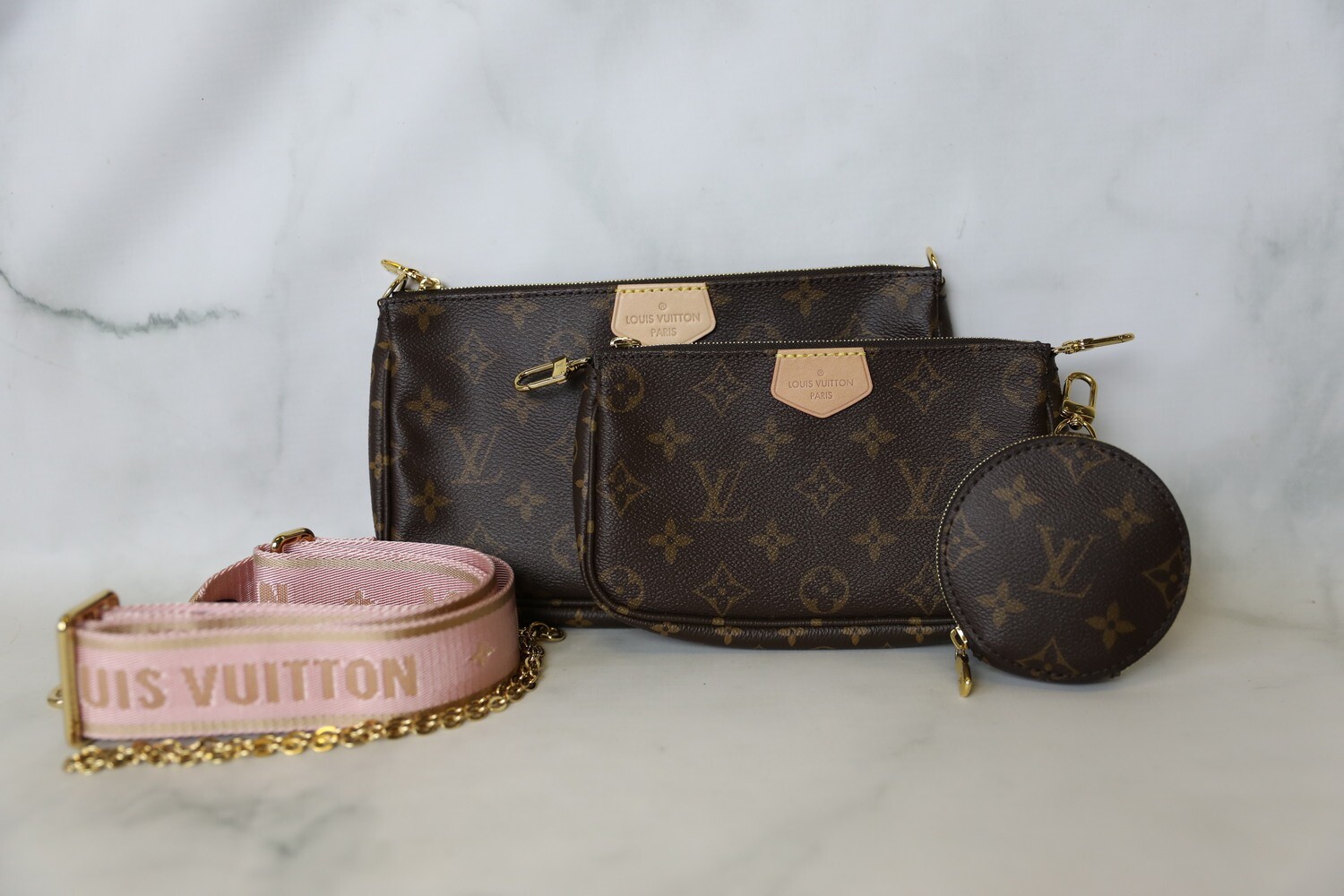 Louis Vuitton Multi Pochette Monogram with Pink Strap Preowned in Box WA001
