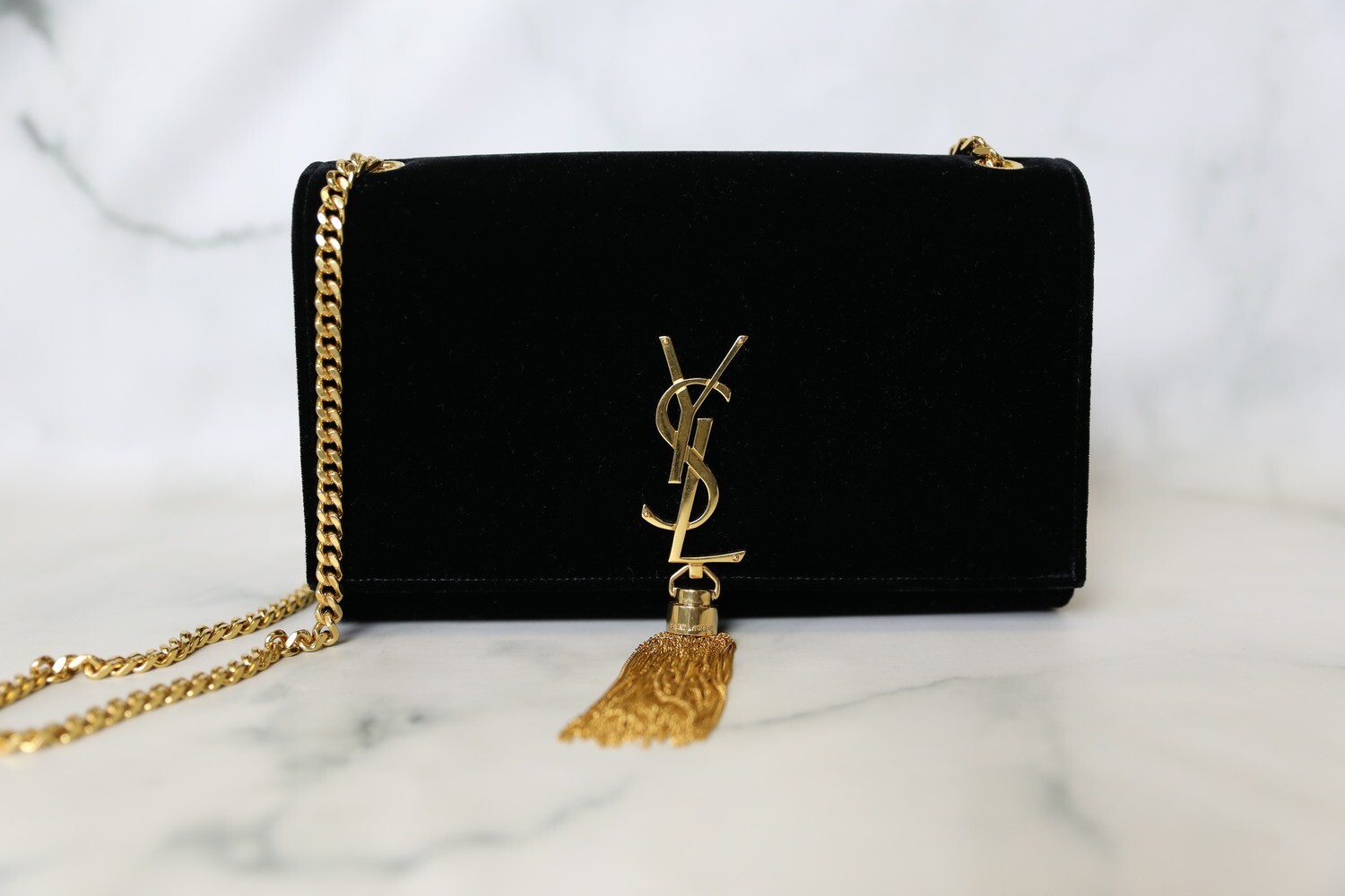 Saint Laurent Kate Medium with Tassel, Black Velvet with Gold Hardware, Preowned in Box WA001