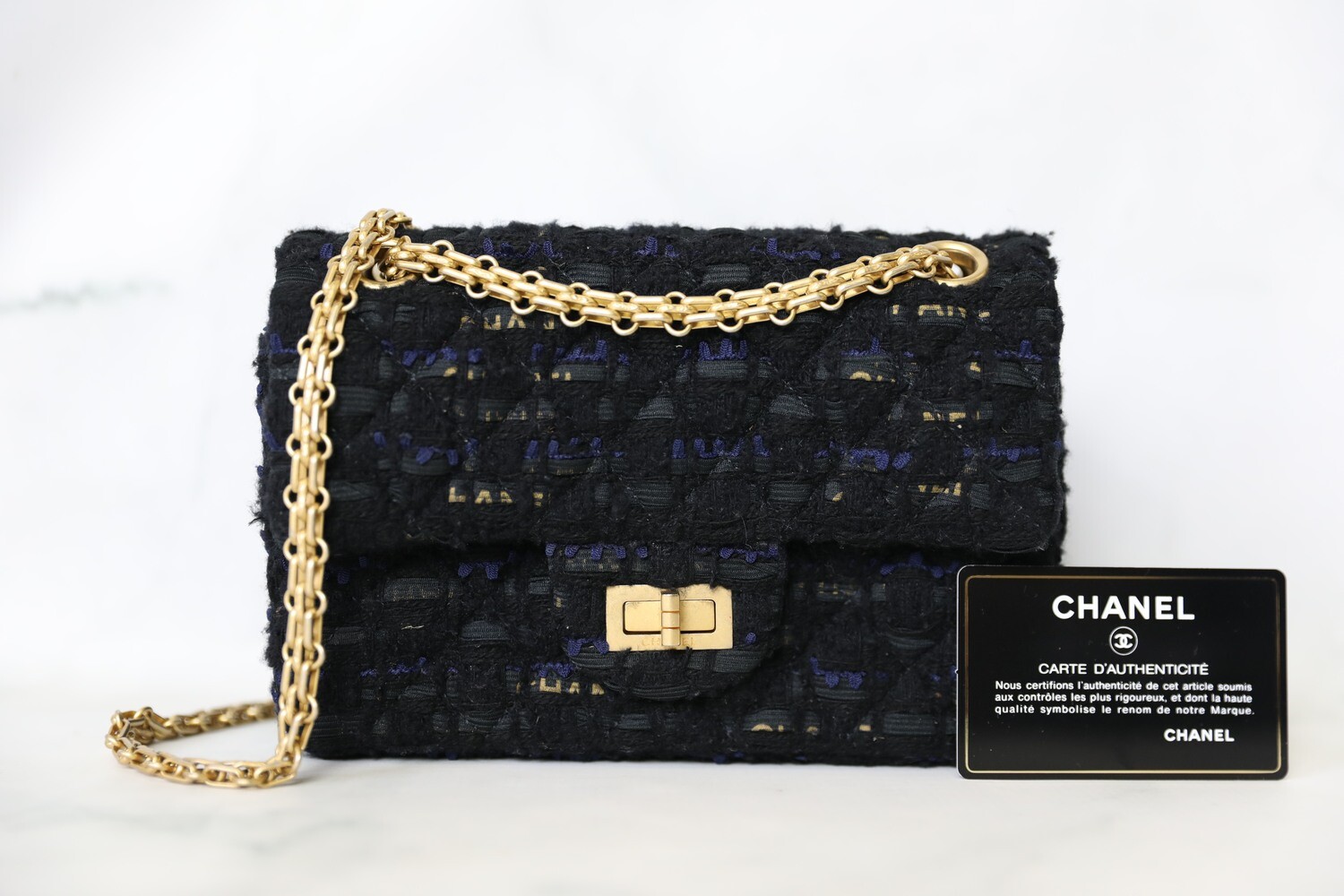 Chanel Reissue Mini, Black, Blue, Golden Tweed with Gold Hardware, Preowned  in Box WA001