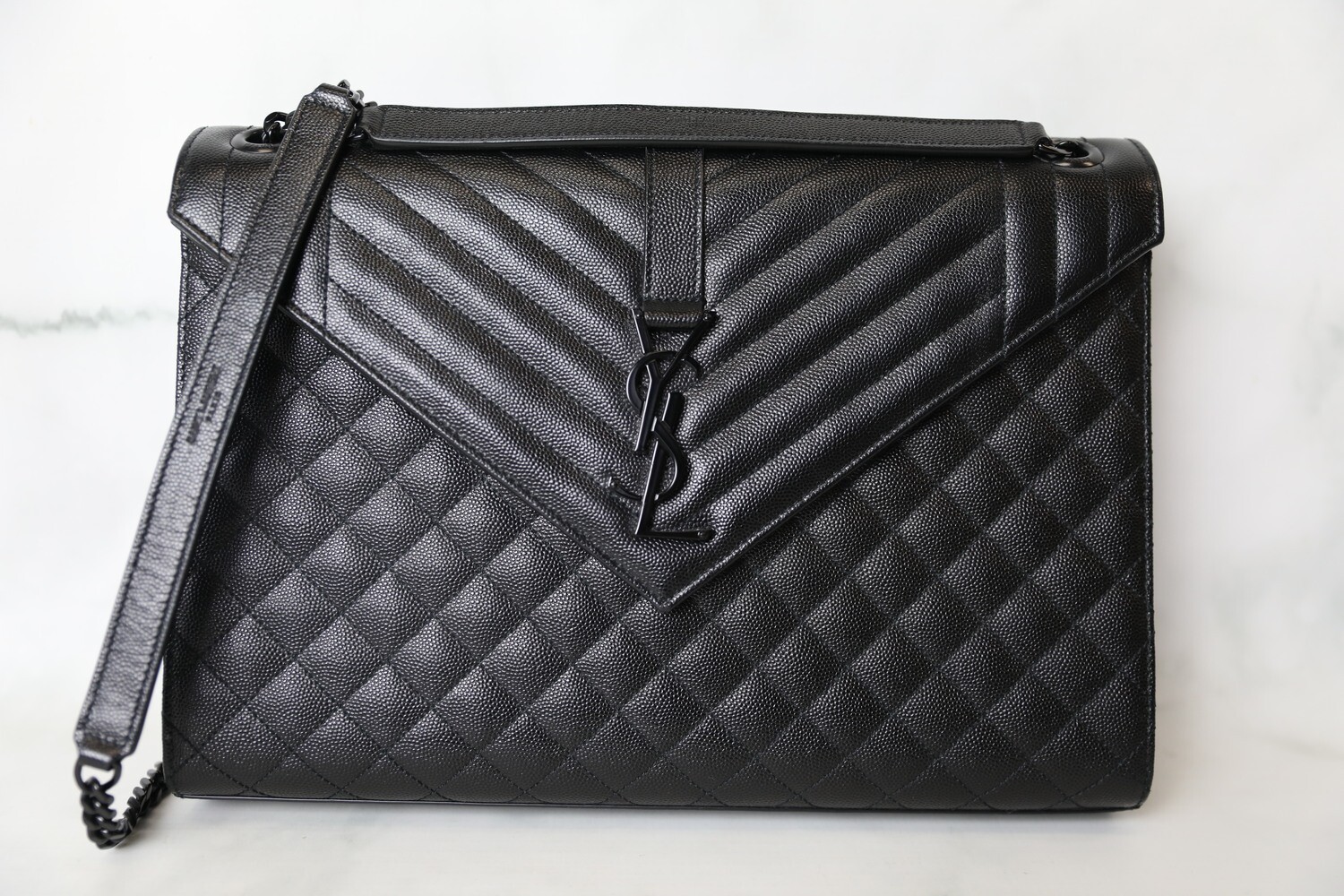 Saint Laurent Envelope Large, Black Pebbled Leather with Black Hardware, Preowned in Dustbag WA001