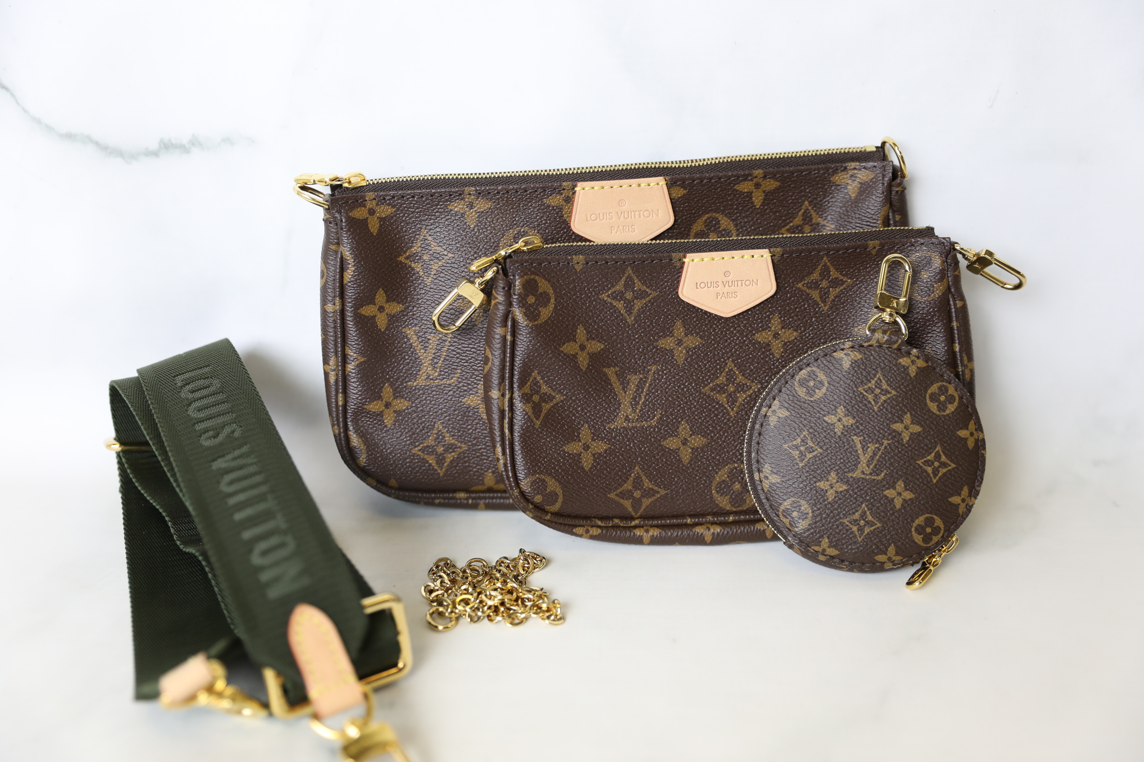 Louis Vuitton Multi Pochette Accessories, Monogram Canvas With Khaki And  Pink Strap With Gold Hardware, Preowned In Box WA001