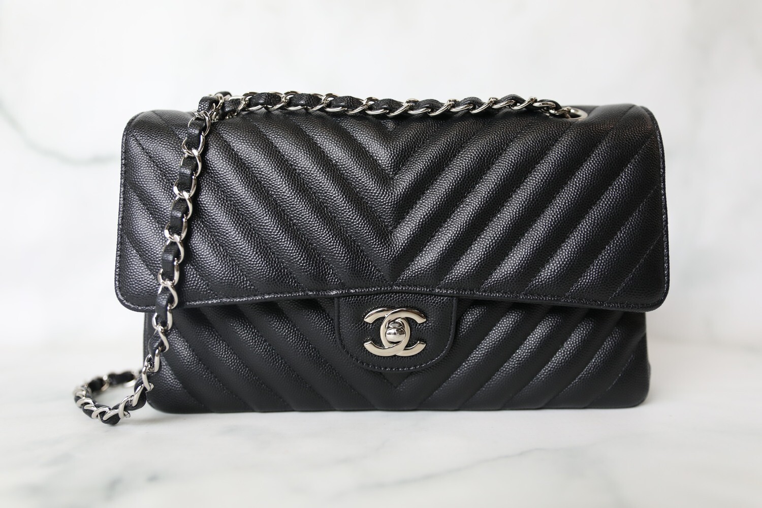 Chanel Classic Medium 17S Black Chevron Caviar with Silver Hardware Preowned in Box WA001