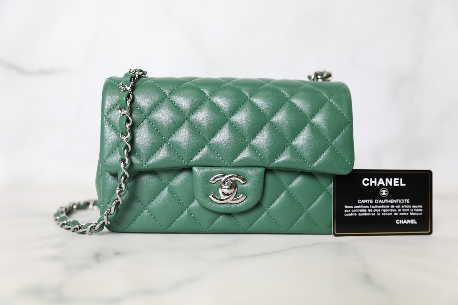 Chanel Classic Mini Rectangular, 19B Green Lambskin with Silver Hardware,  Preowned in Box WA001