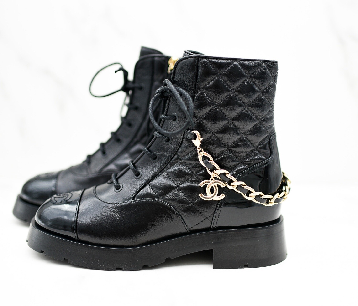 Chanel Patent Leather Heel Chain Boots in Black Size 38C