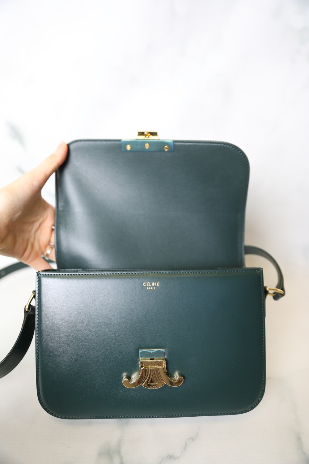 Celine Triomphe Medium, Green with Gold Hardware, Preowned in 