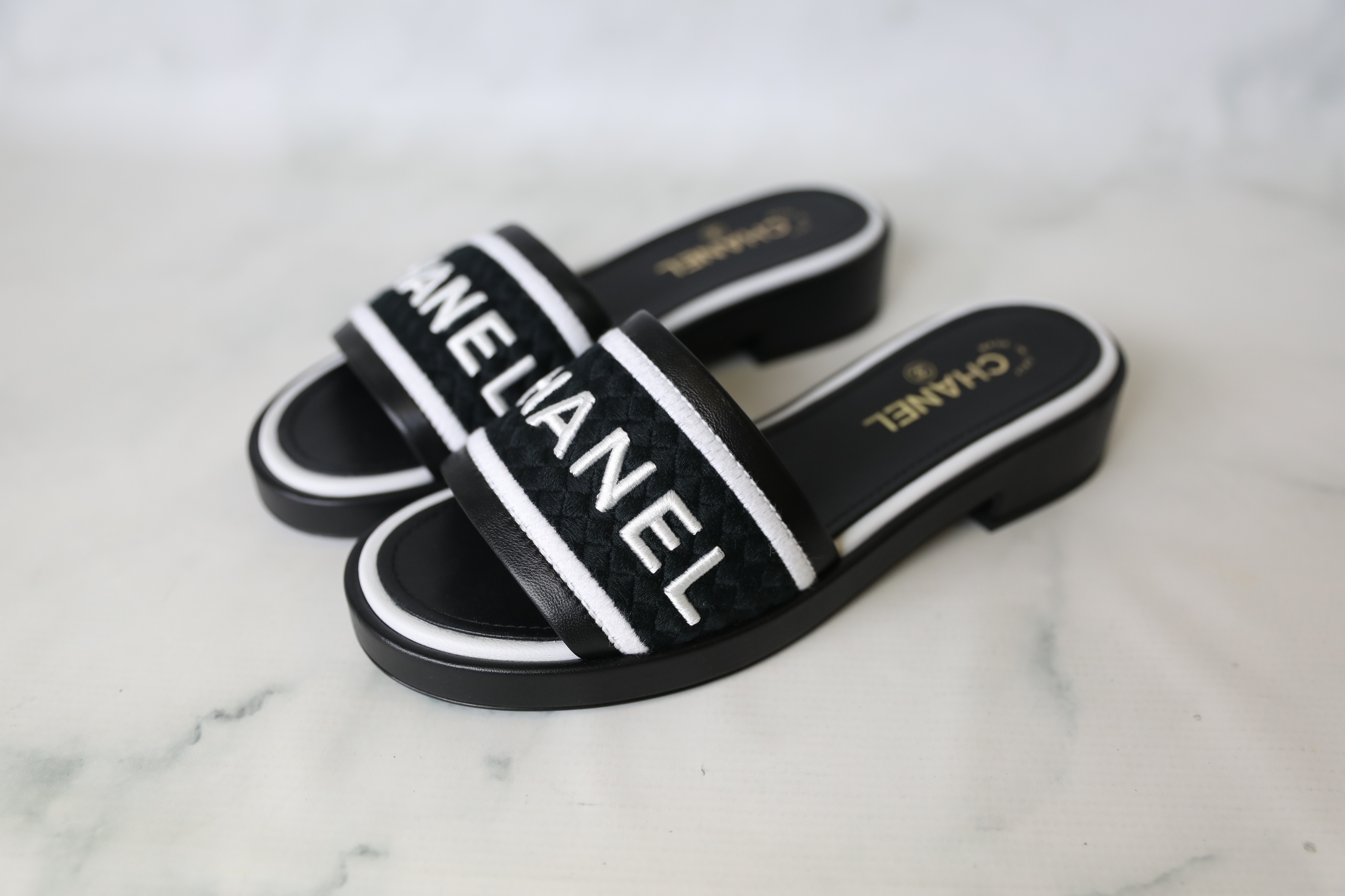 Chanel Shoes Slide Sandals, Black and White, Size 40, New in Box