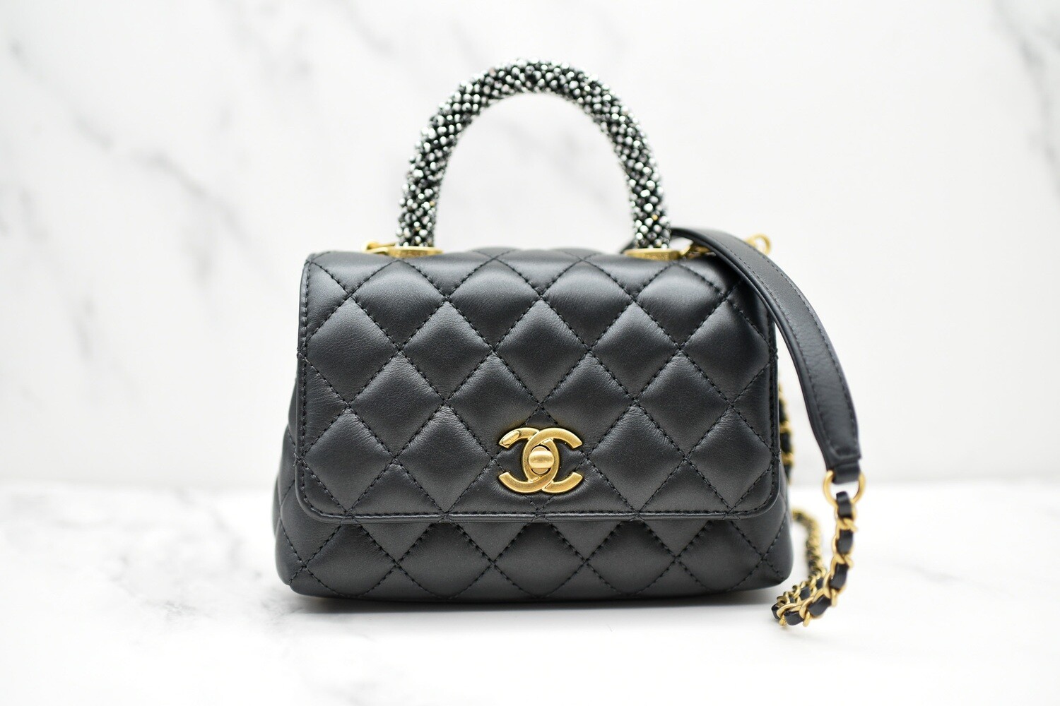 Chanel Coco Handle Extra Mini with Beaded Handle, Black Goatskin Leather  with Brushed Gold Hardware, New in Dustbag GA001