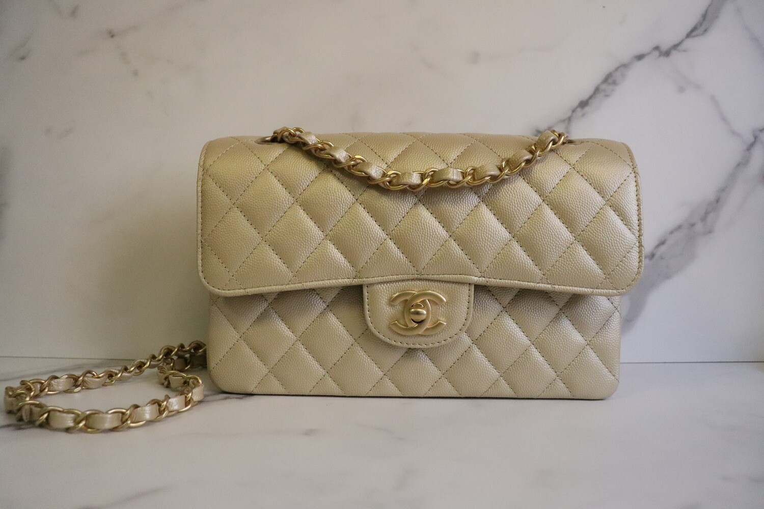 Chanel Classic Small Double Flap, 22B Gold Caviar Leather, Gold Hardware, New in Dustbag