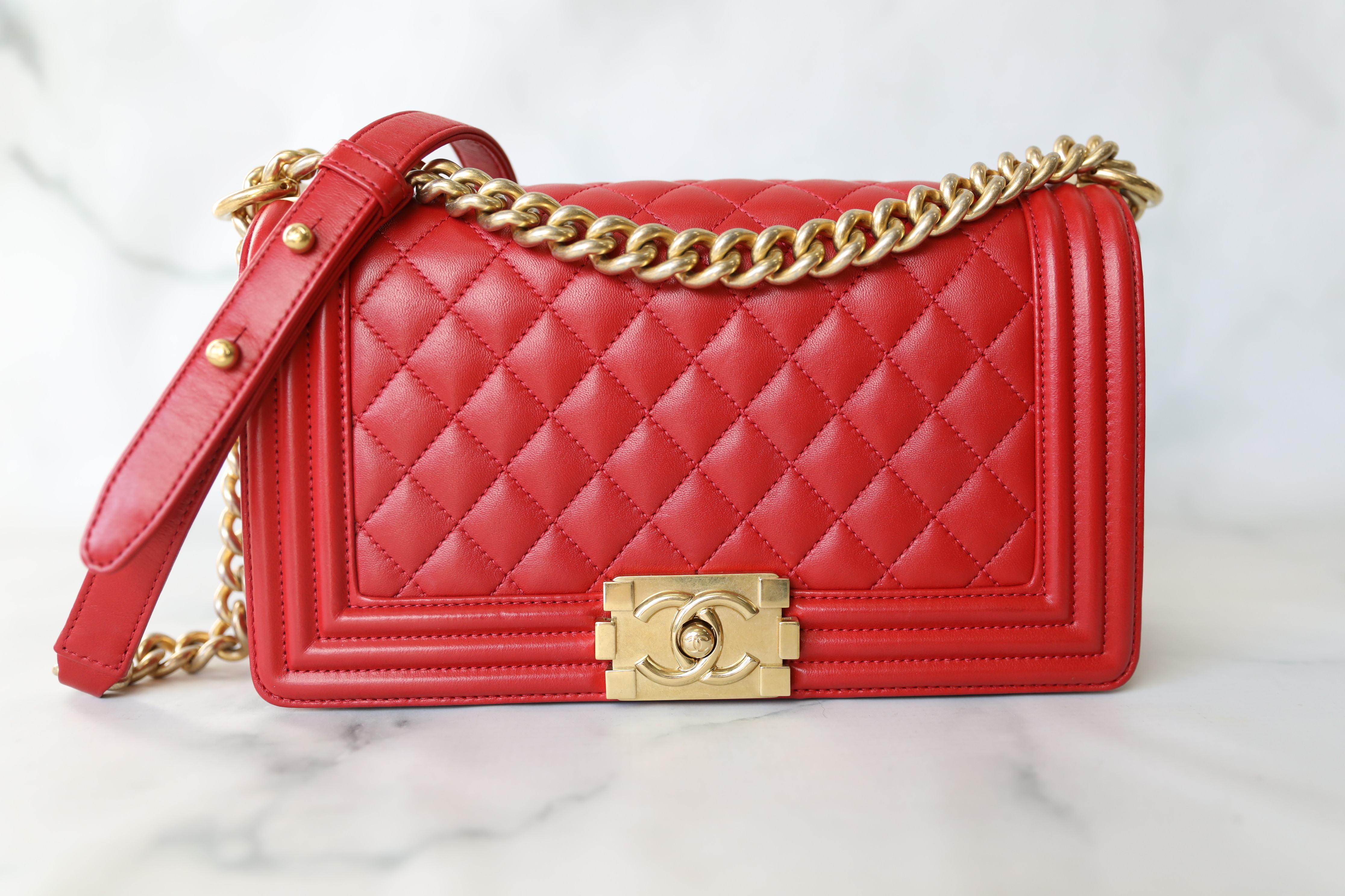 Chanel Boy Old Medium, Red Lambskin with Gold Hardware, Preowned in Box  WA001