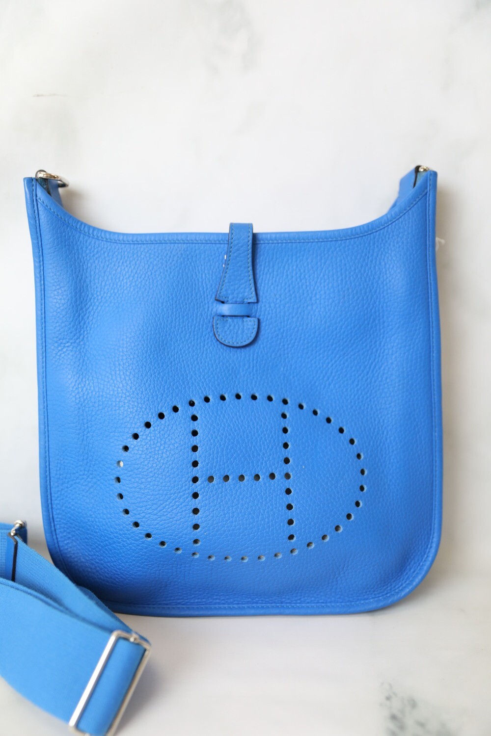 Hermes Evelyne PM, Blue Hydra with Palladium Hardware, Preowned in Dustbag WA001