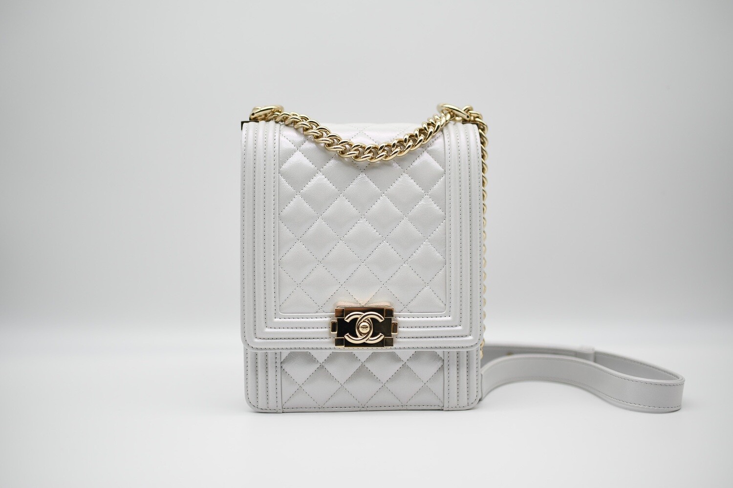 Chanel Boy Bag North South, White Iridescent with Shiny Gold Hardware, Like  New in Box GA006 - Julia Rose Boston