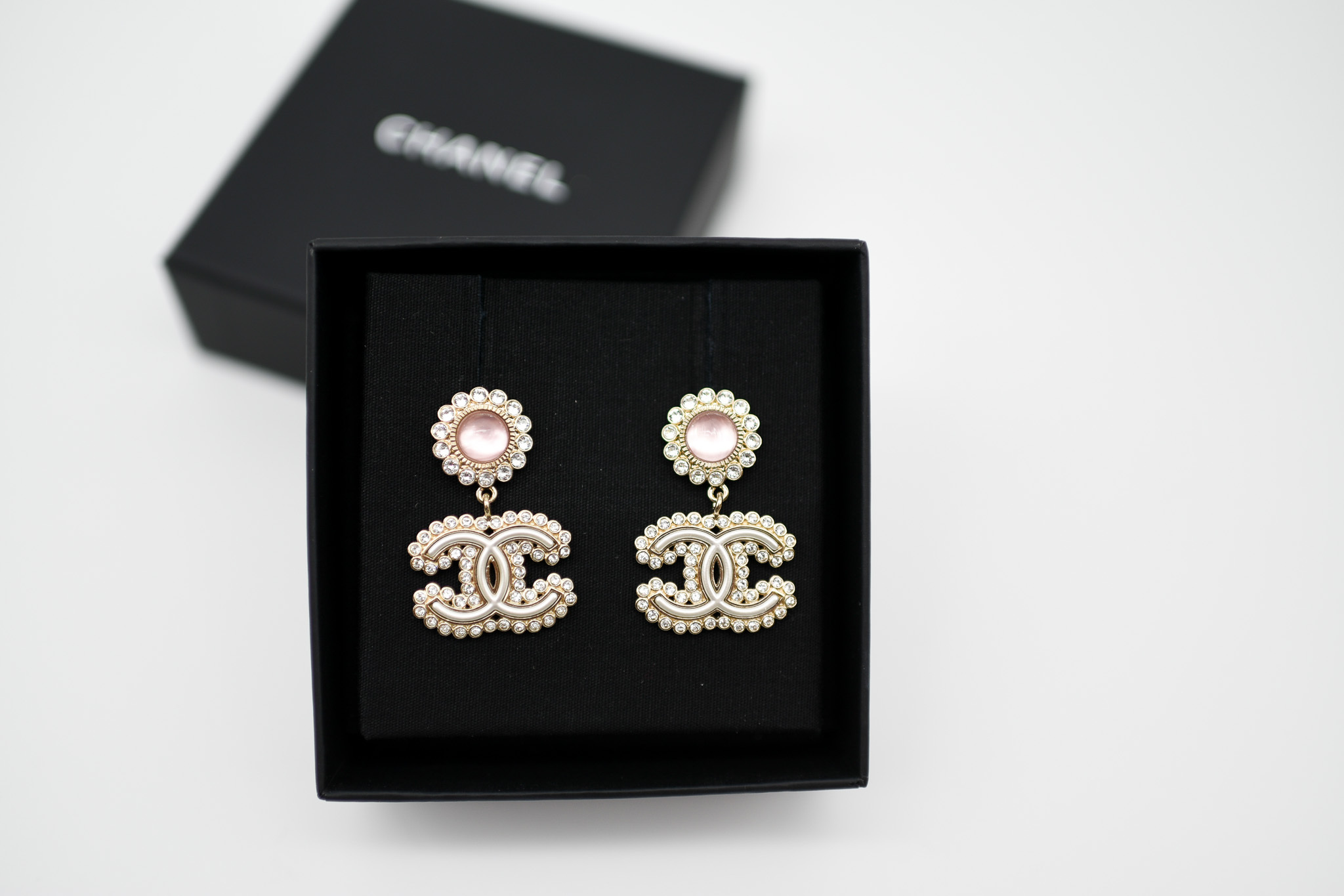 Chanel CC CRYSTAL DROP DANGLE EARRINGS LIGHT PINK STONE