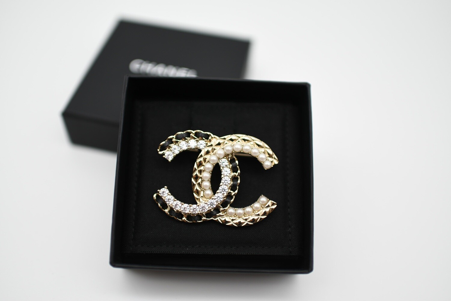 Chanel CC Brooch with Rhinestones and Pearls, New in Box GA006