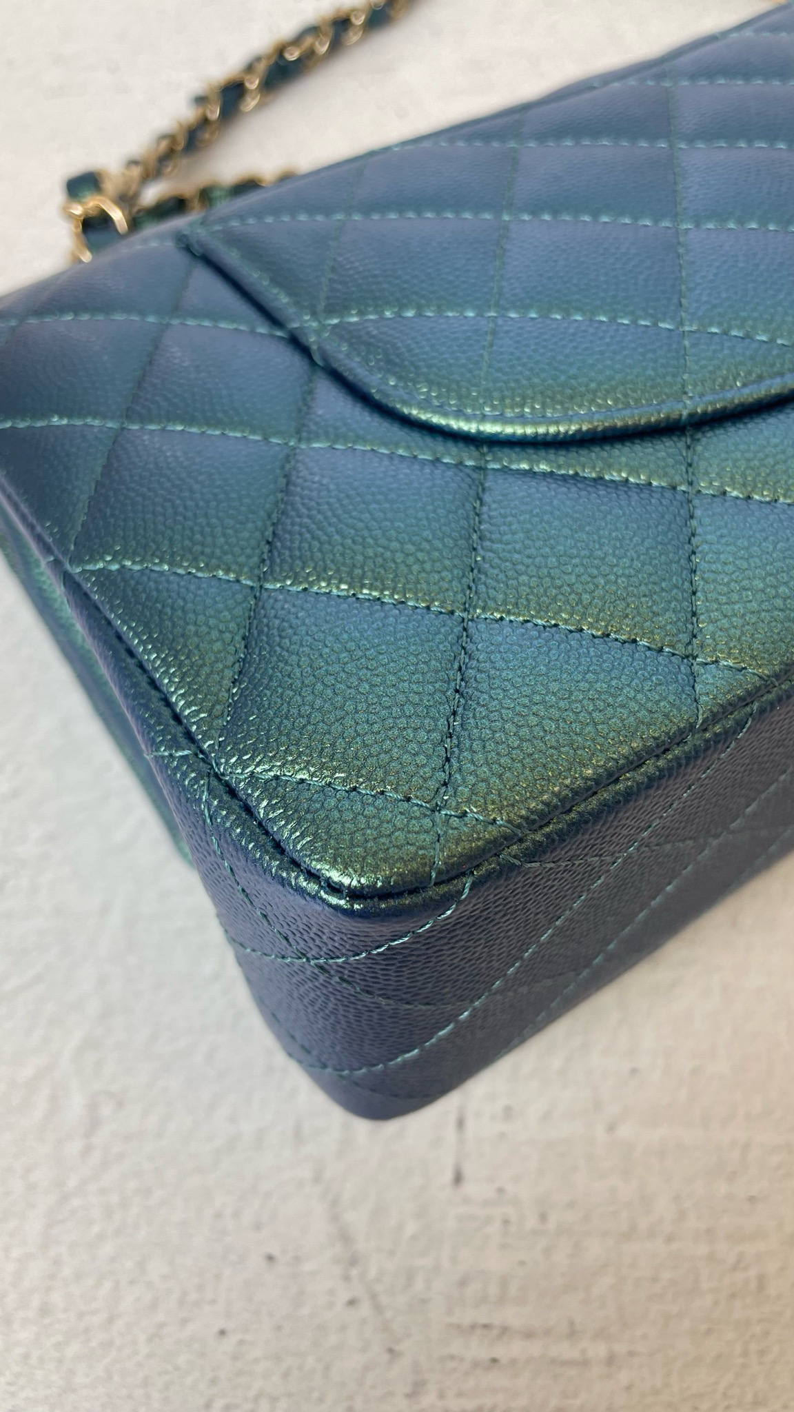 Chanel Classic Medium Double Flap, 22P Iridescent Green Caviar Leather with  Gold Hardware, Preowned in Box WA001