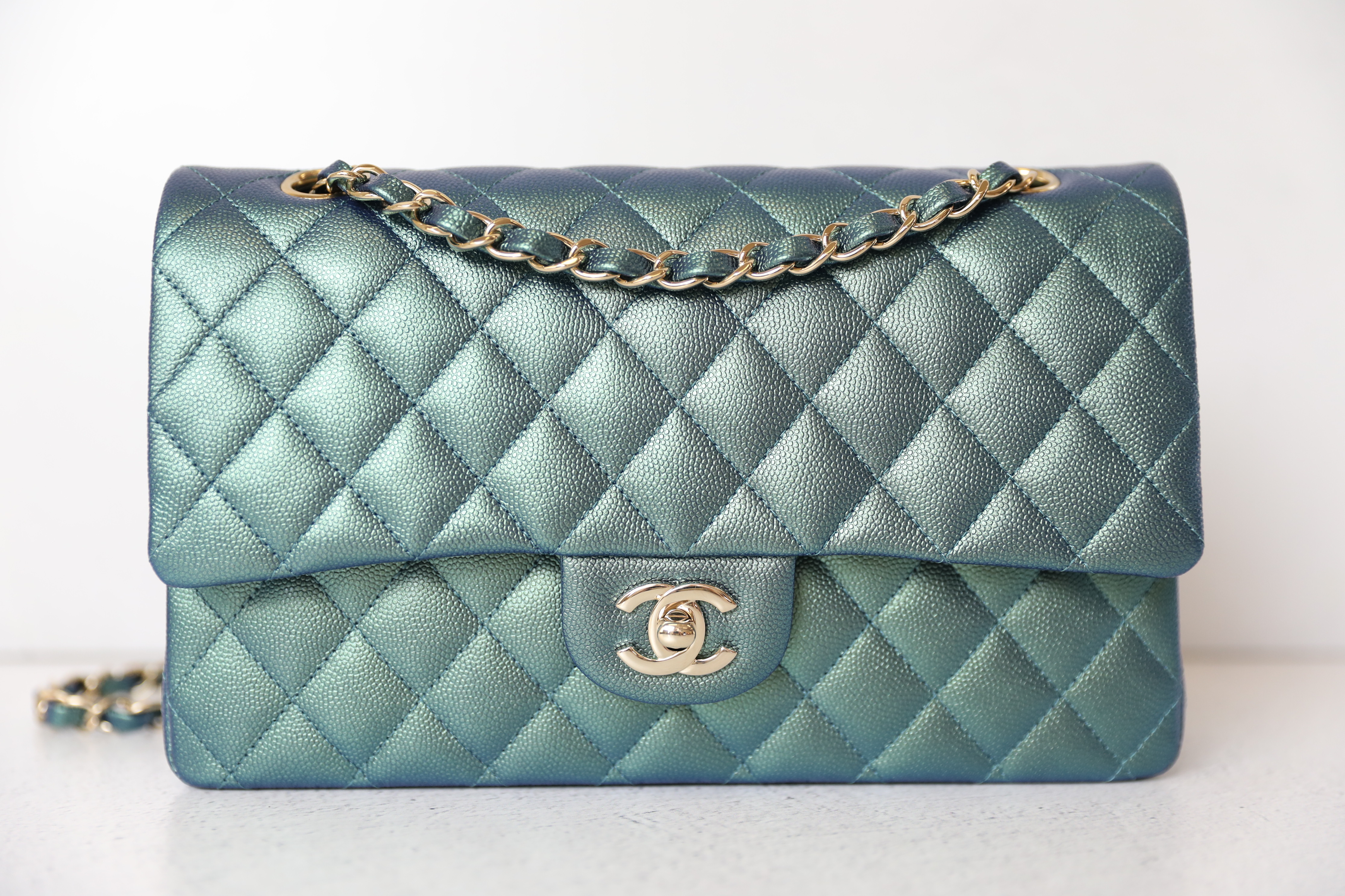 Chanel Classic Medium Double Flap, 22P Iridescent Green Caviar Leather with Gold  Hardware, Preowned in Box WA001 - Julia Rose Boston