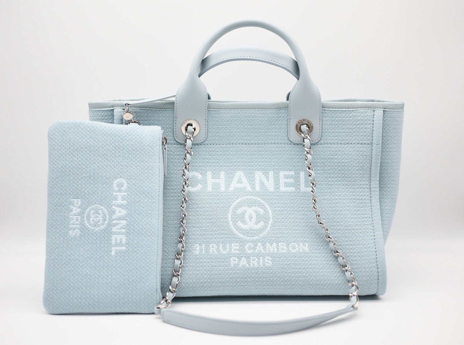Chanel Deauville Small with Handles and Pouch, Light Blue with Silver  Hardware, New in Dustbag GA006
