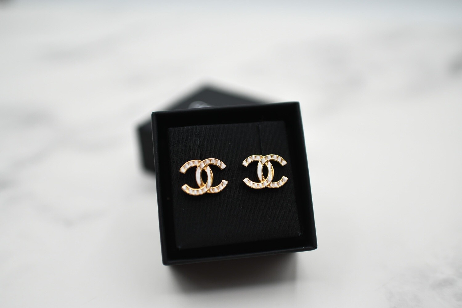 Chanel Earrings CC White and Golden Stripe Studs (No Stone), Gold