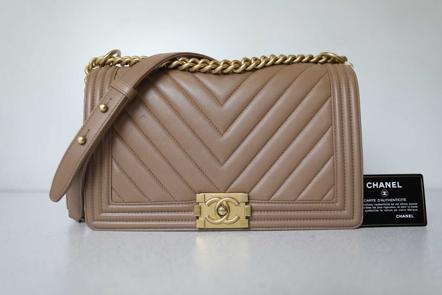 Chanel Boy New Medium, Beige Chevron Lambskin Leather with Gold