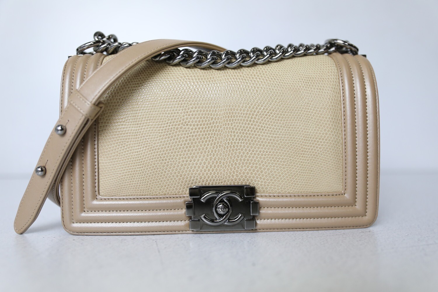 Chanel Boy Old Medium Beige Lizard with Black Hardware Preowned in Dustbag WA001