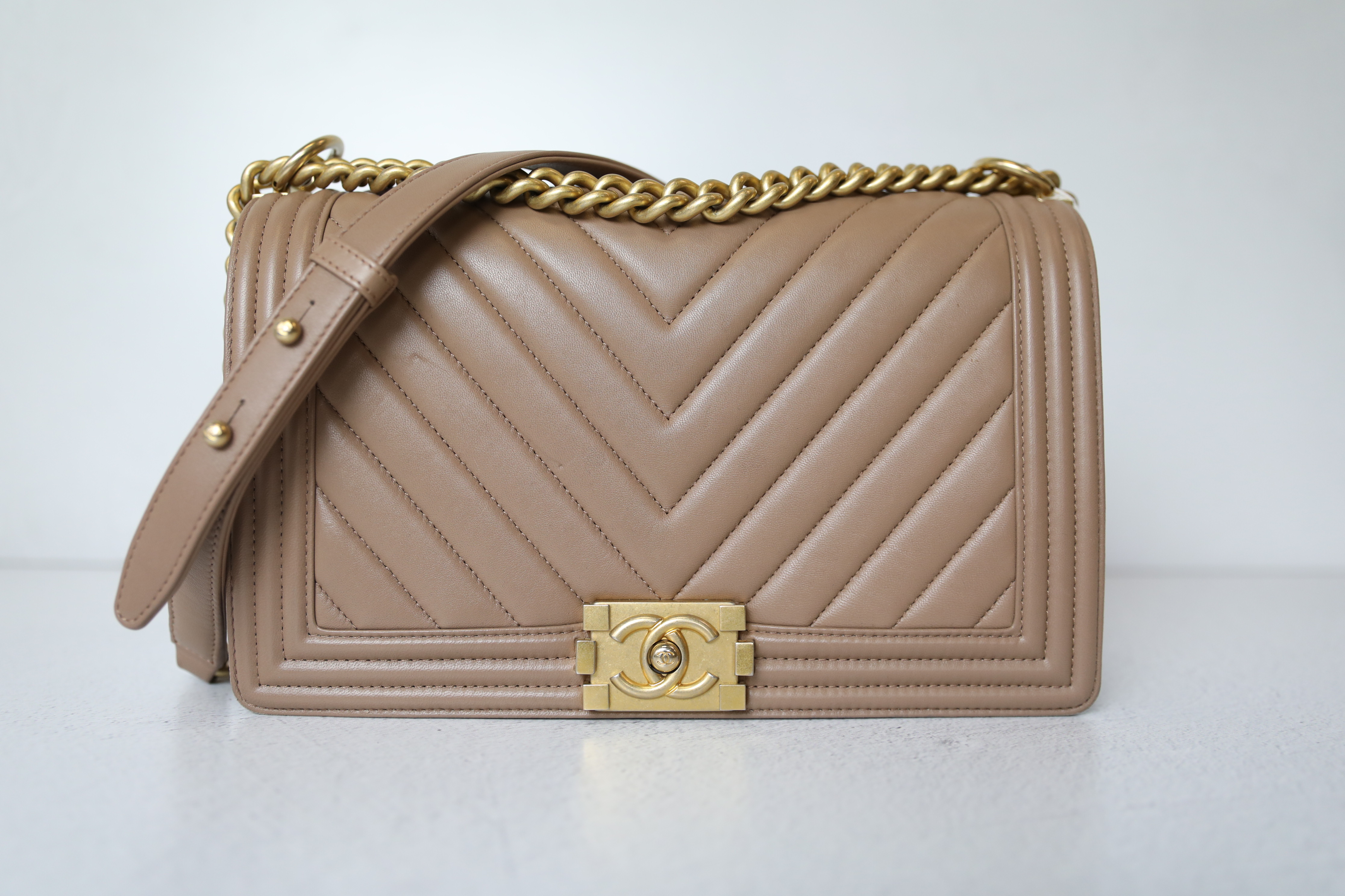 Chanel Beige Boy Flap Bag Quilted Calfskin Medium For Sale at 1stDibs