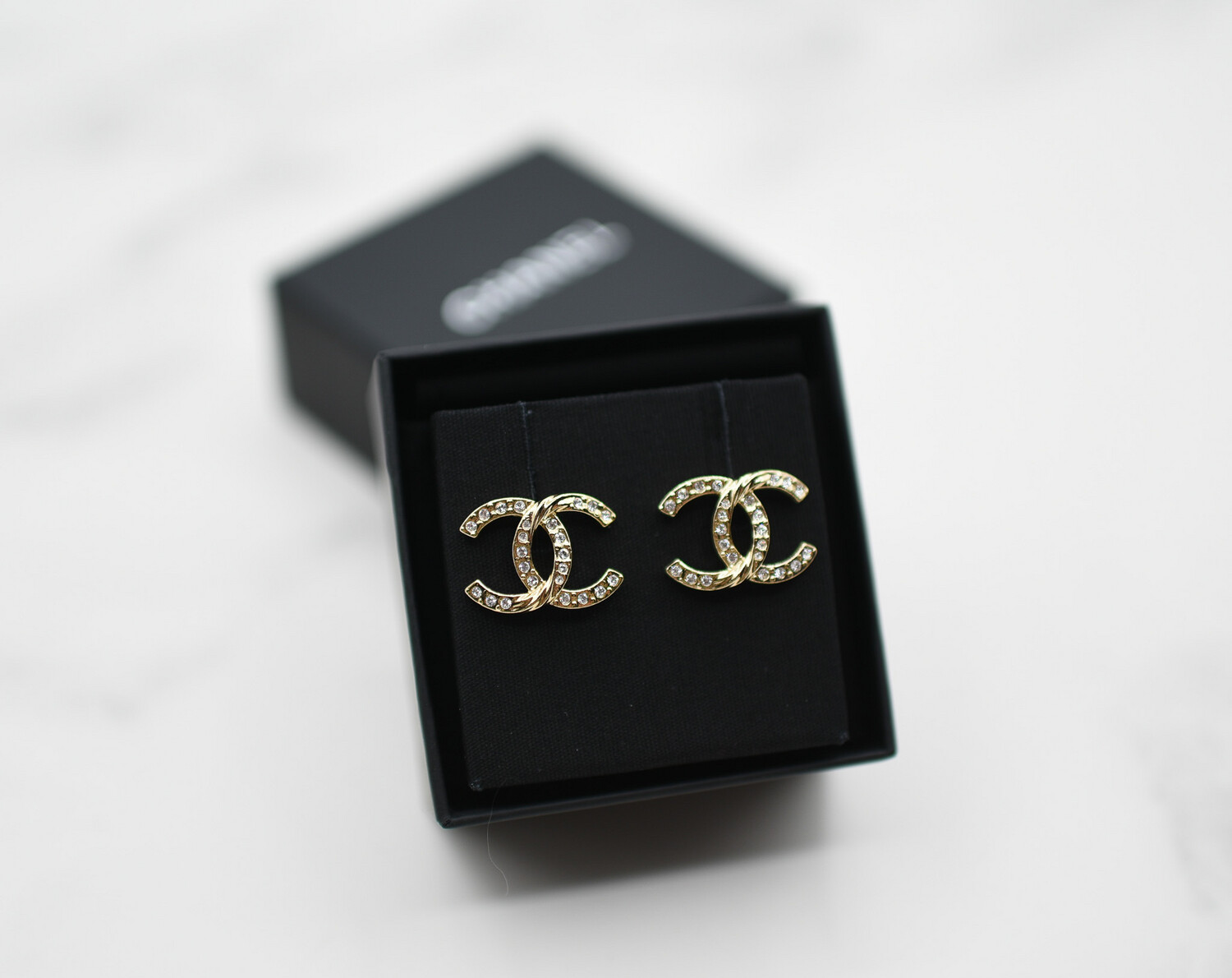 Chanel Earrings Crystals CC Studs, Gold Hardware, New in Box Julia Rose Boston Shop