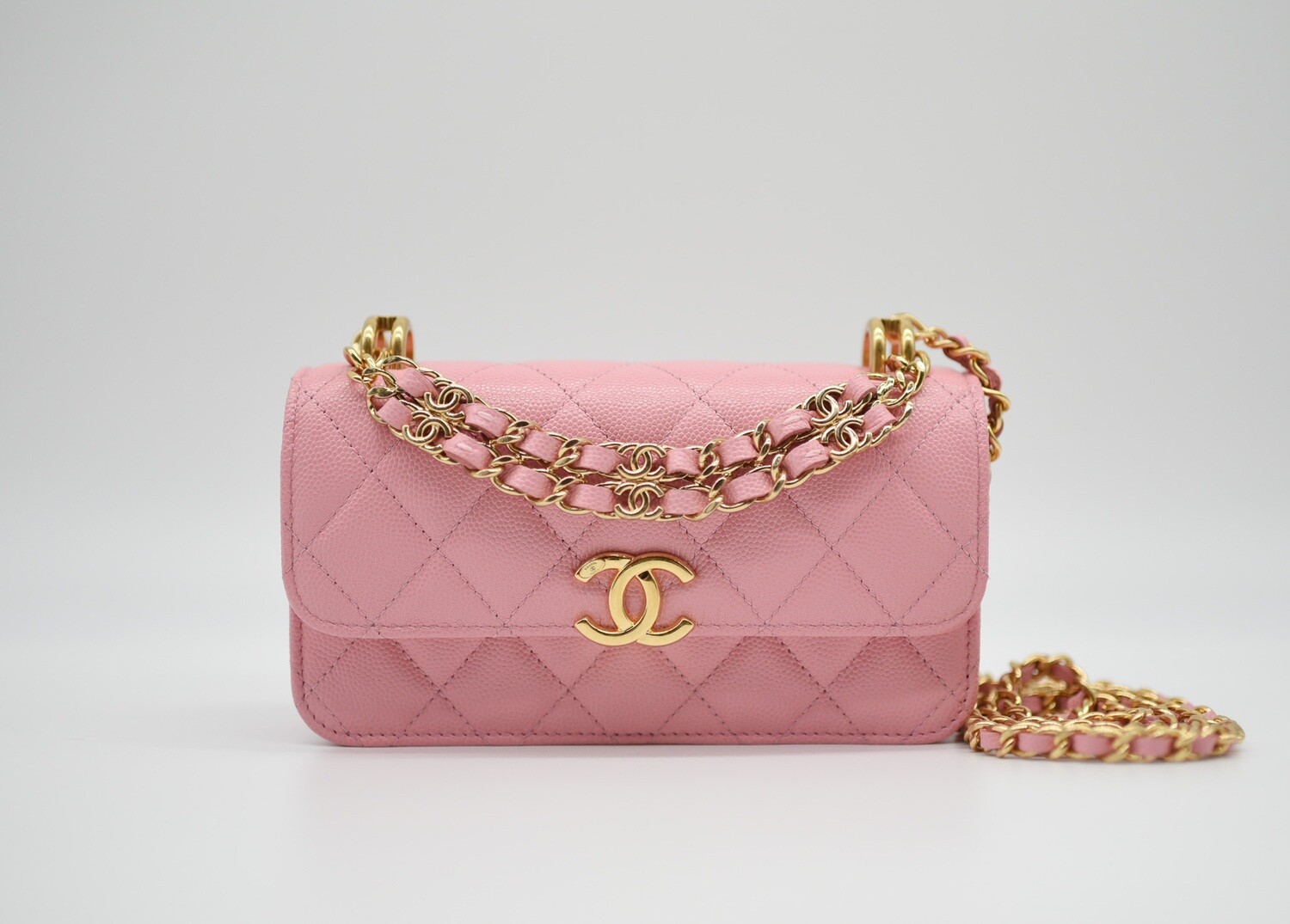 Chanel SLG Phone On Chain Flap 22K Pink Caviar with Gold Hardware New in Box CMA001