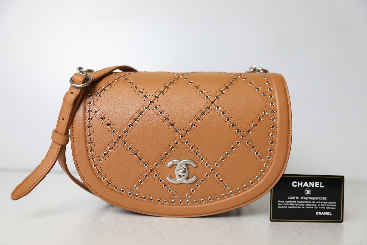 Chanel Coco Eyelets Flap Small, Tan Calfskin Leather with Silver Hardware,  Preowned in Box WA001