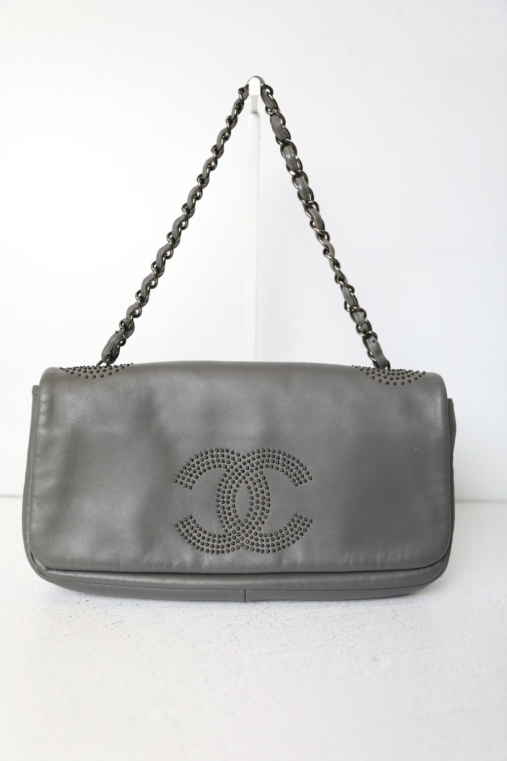 Chanel CC Studded Flap Shoulder Bag, Grey Leather with Shiny