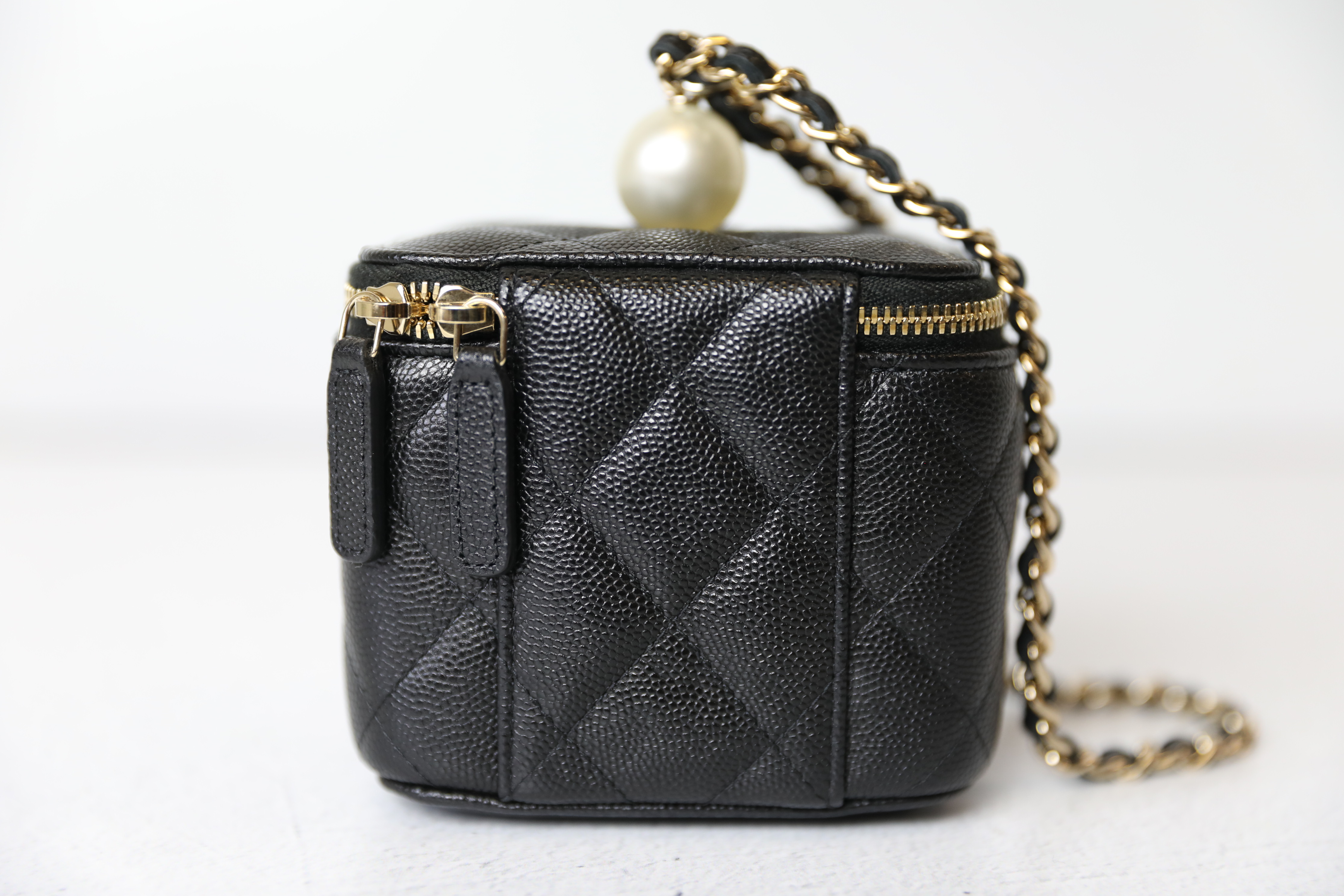 Chanel Vanity Mini Wristlet, Black Caviar with Gold Hardware and Pearl, New  in Box WA001