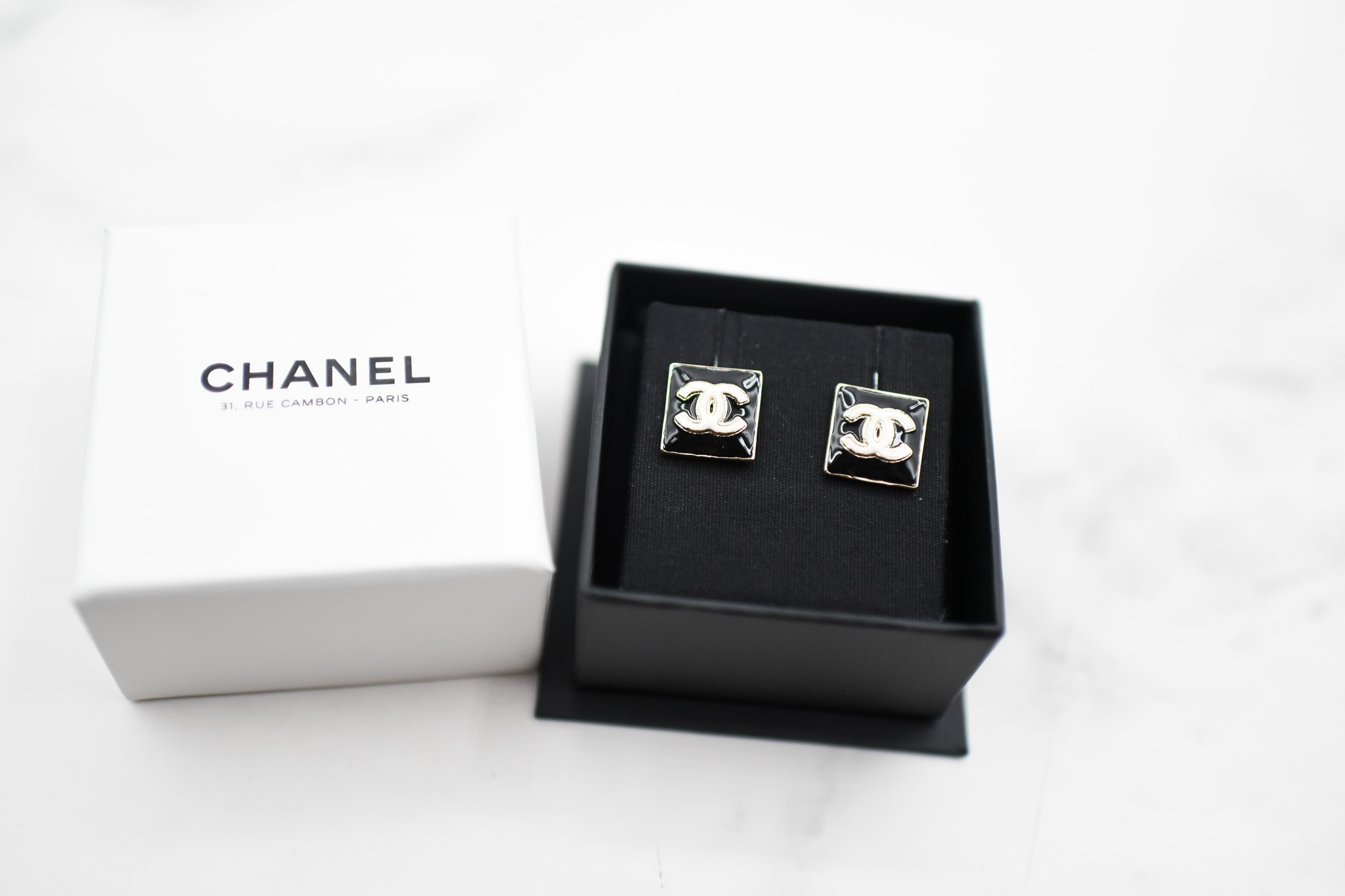 Chanel Earrings Square Studs, CC Golden with White & Black Enamel