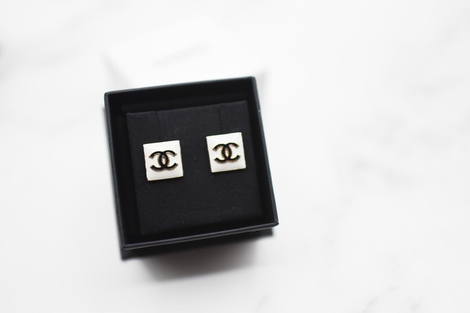 CHANEL Metal Enamel CC Square Earrings Gold Black White 975051