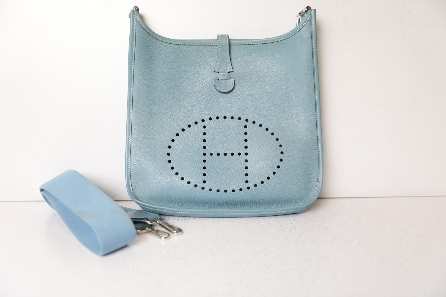Hermes Evelyne PM I, Blue Epsom with Palladium Hardware, Preowned in Dustbag WA001