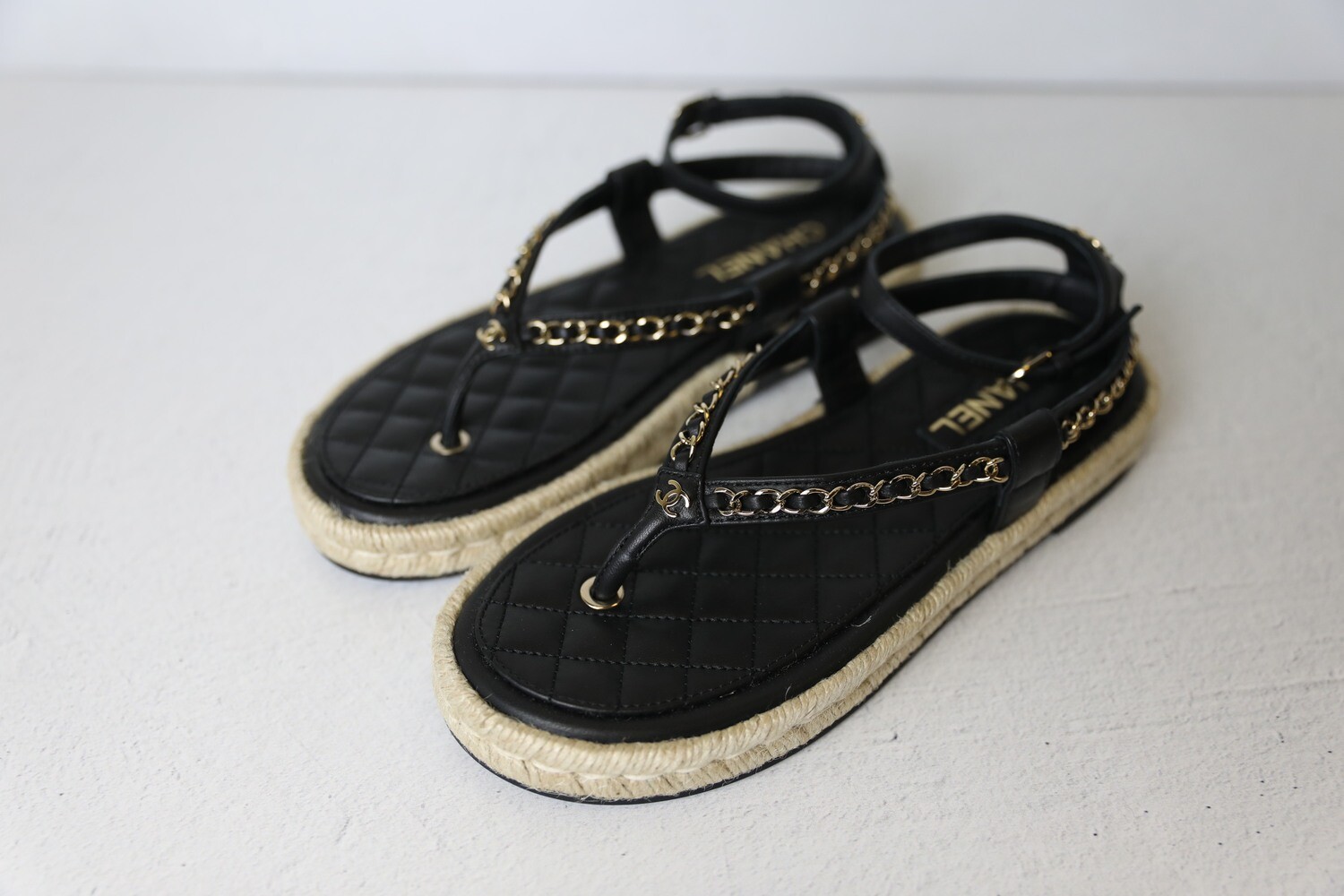 Chanel Chain Thong Sandals with Ankle Strap, Black with Gold Hardware, Size  40, New in Box WA001