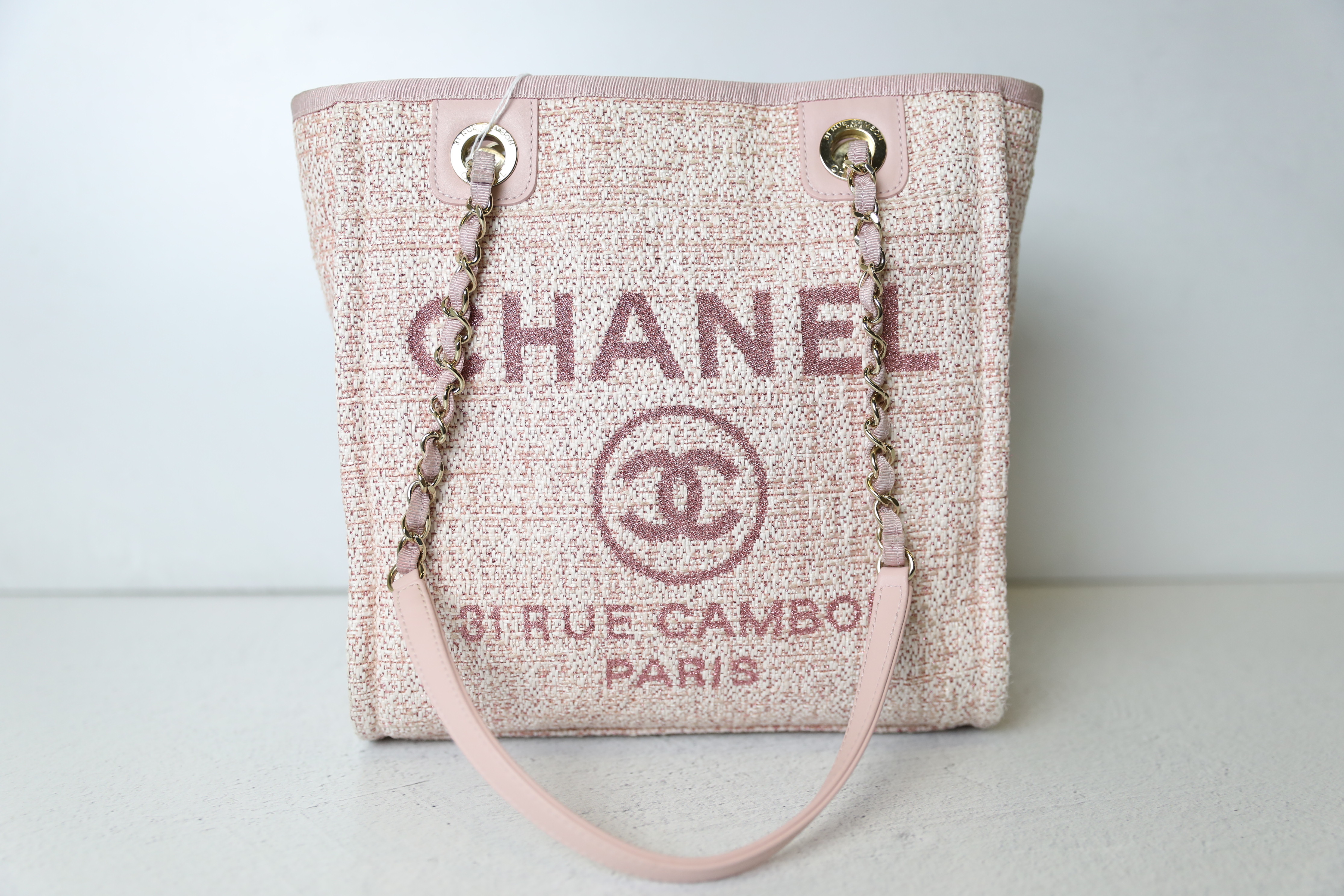 Chanel Deauville Mini, Pink Tweed with Gold Hardware, Preowned in Dustbag  WA001
