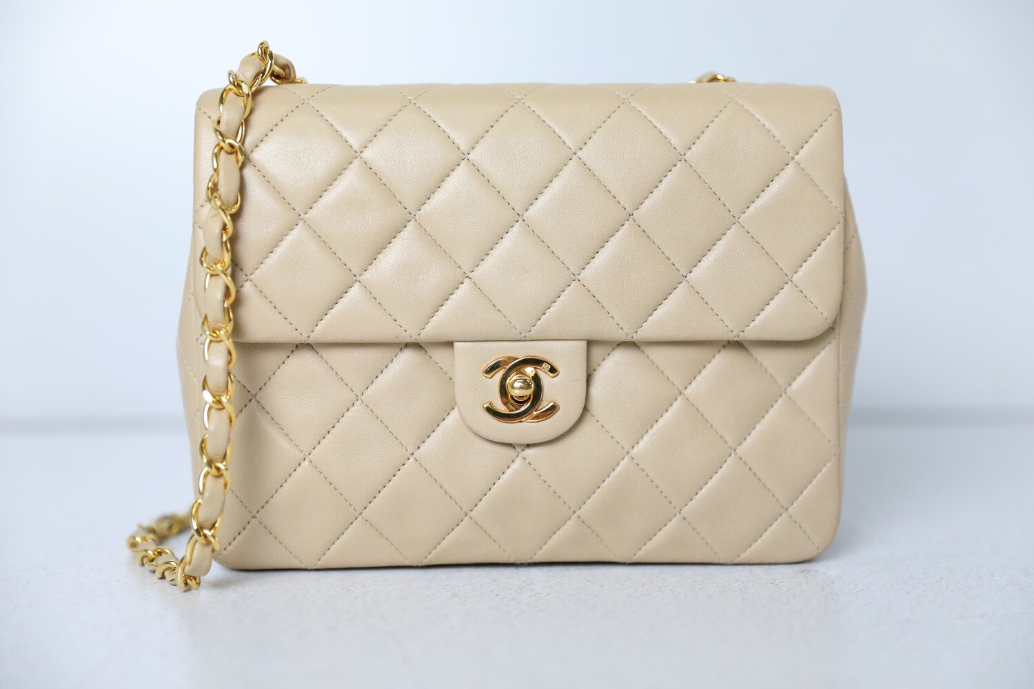 Chanel Vintage Square Mini Flap, Beige Lambskin with Gold Hardware, Preowned No Dustbag WA001