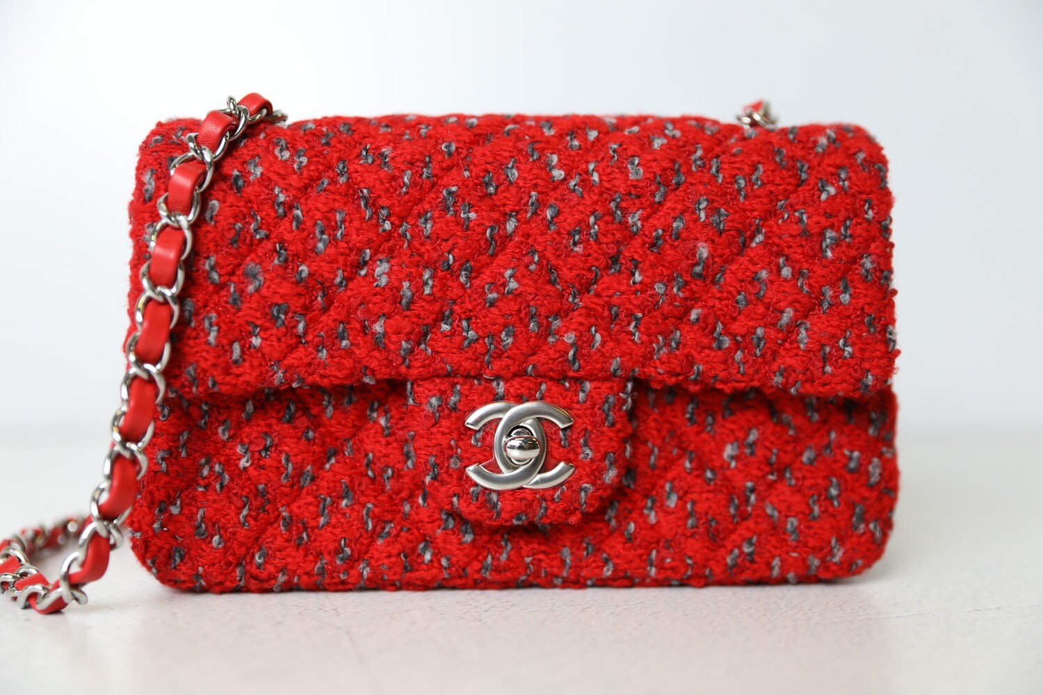 Chanel Classic Mini Rectangular Single Flap, Red Tweed with Silver