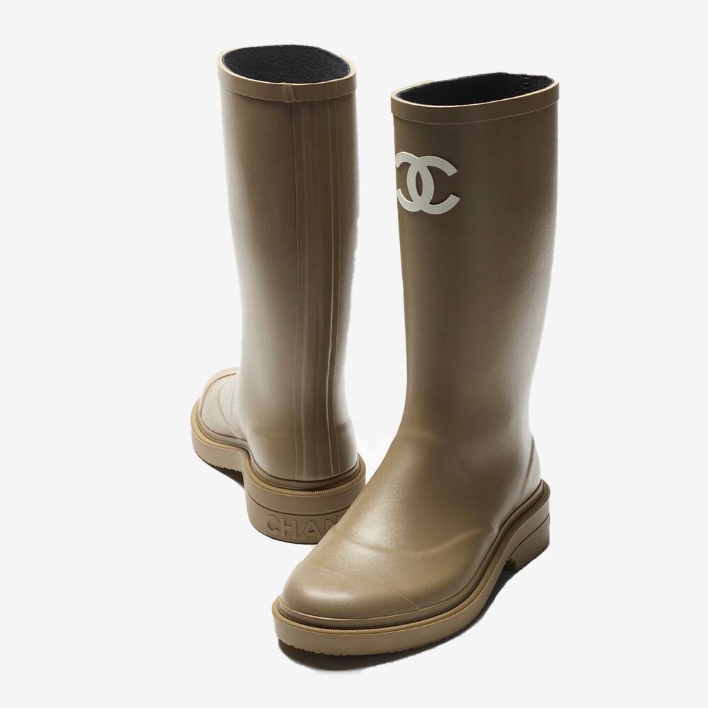 Chanel Shoes Rain Boots Wellies Dark Beige, Size 38, New in Box GA003