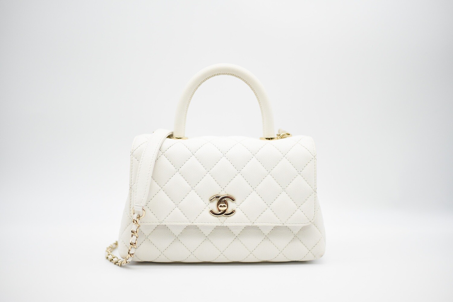 Chanel Coco Handle Mini, White Caviar with Gold Hardware, Preowned in Dust  MA001