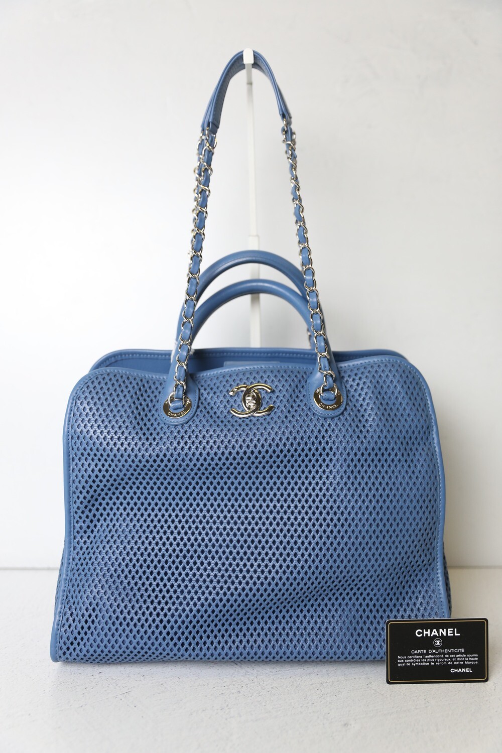 Chanel Up in the Air Perforated Tote, Blue Leather with Silver Hardware,  Preowned No Dustbag WA001