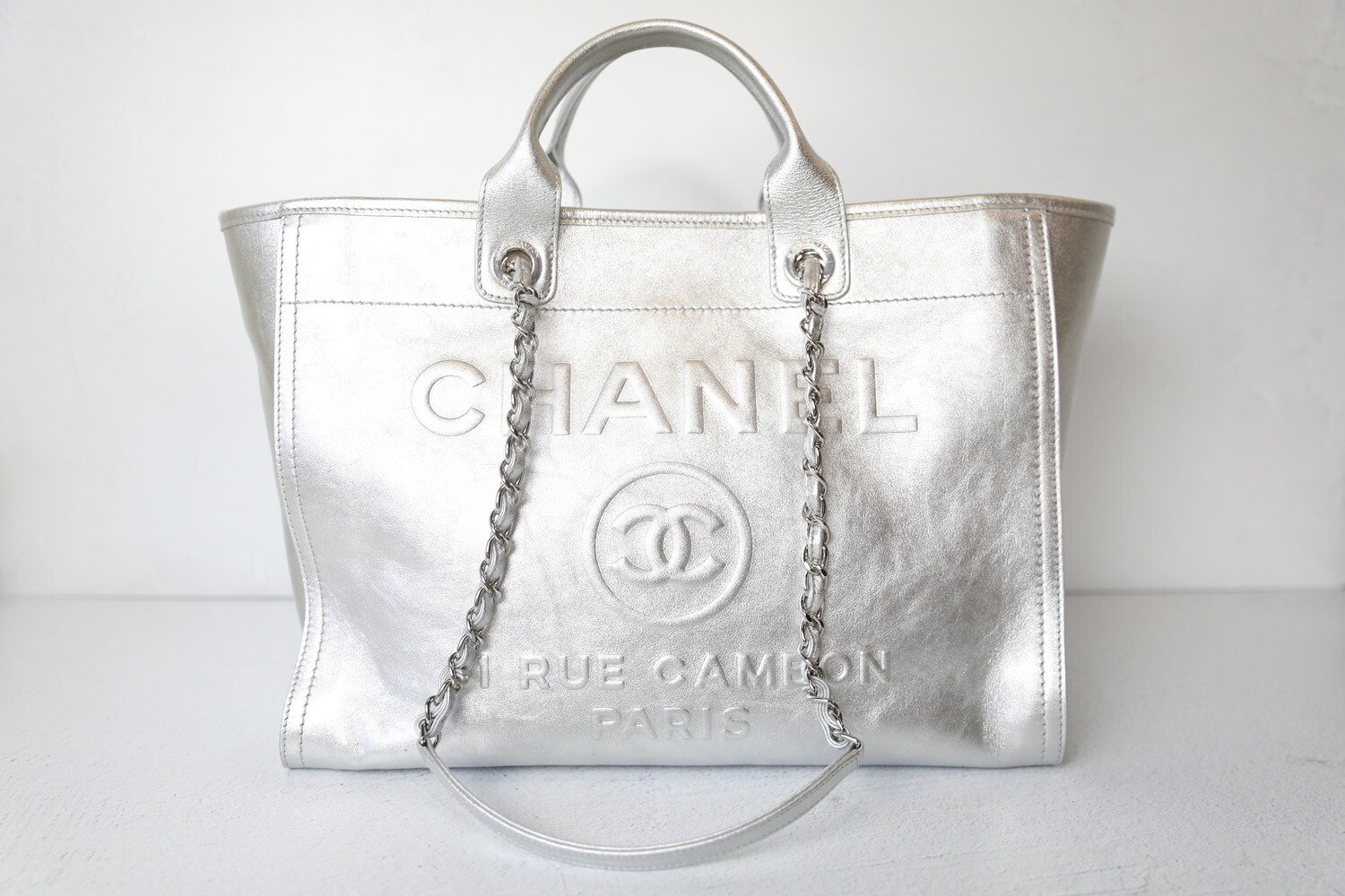 CHANEL Deauville Tote Blue Denim Large Silver Hardware 2015