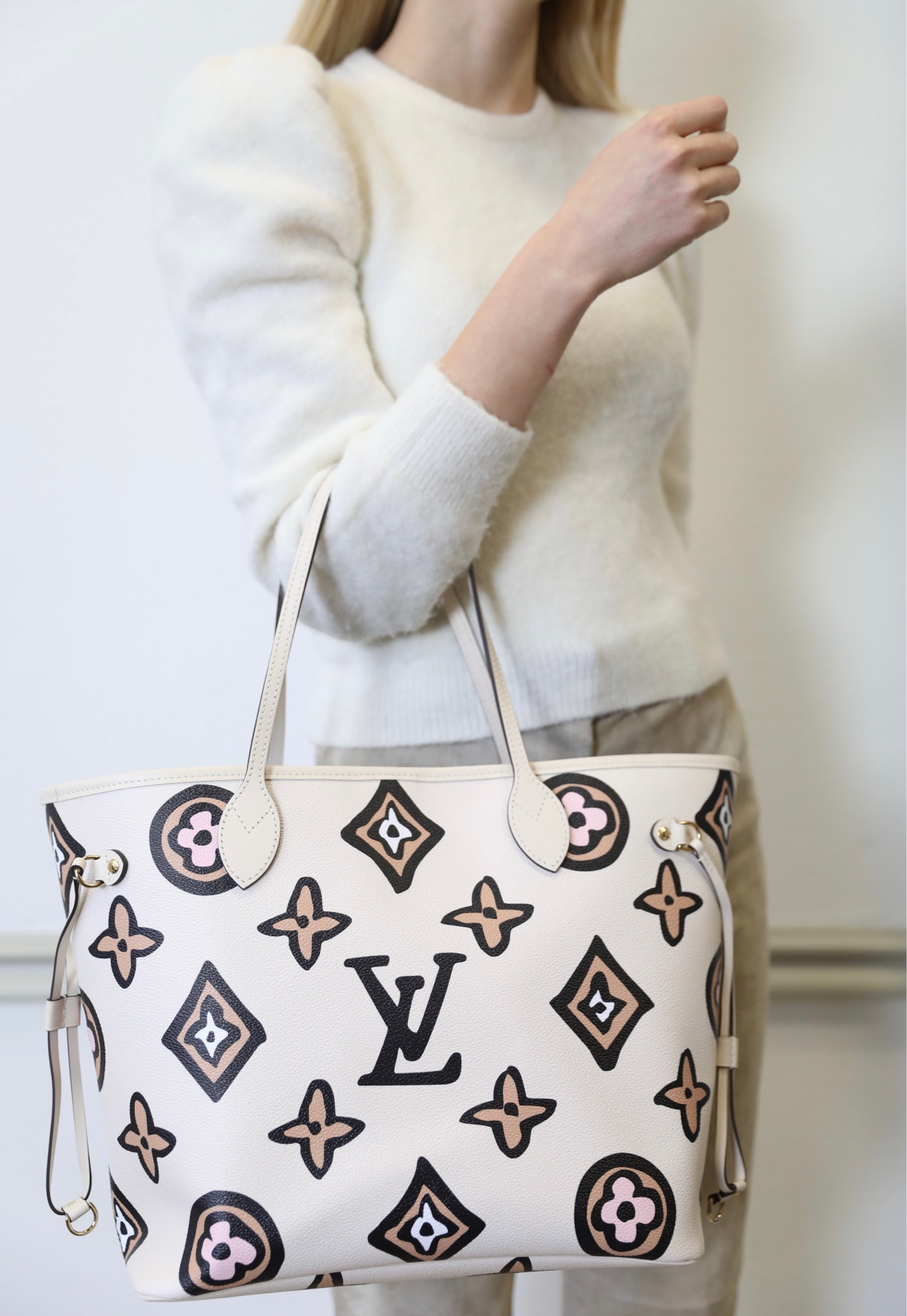 Louis Vuitton Neverfull MM Set, Wild At Heart White and Leopard Leather,  Preowned in Dustbag WA001