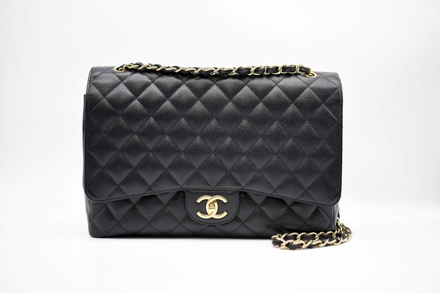 Chanel Classic Maxi Double Flap, Black Caviar with Gold Hardware, Preowned in Black Dustbag MA001