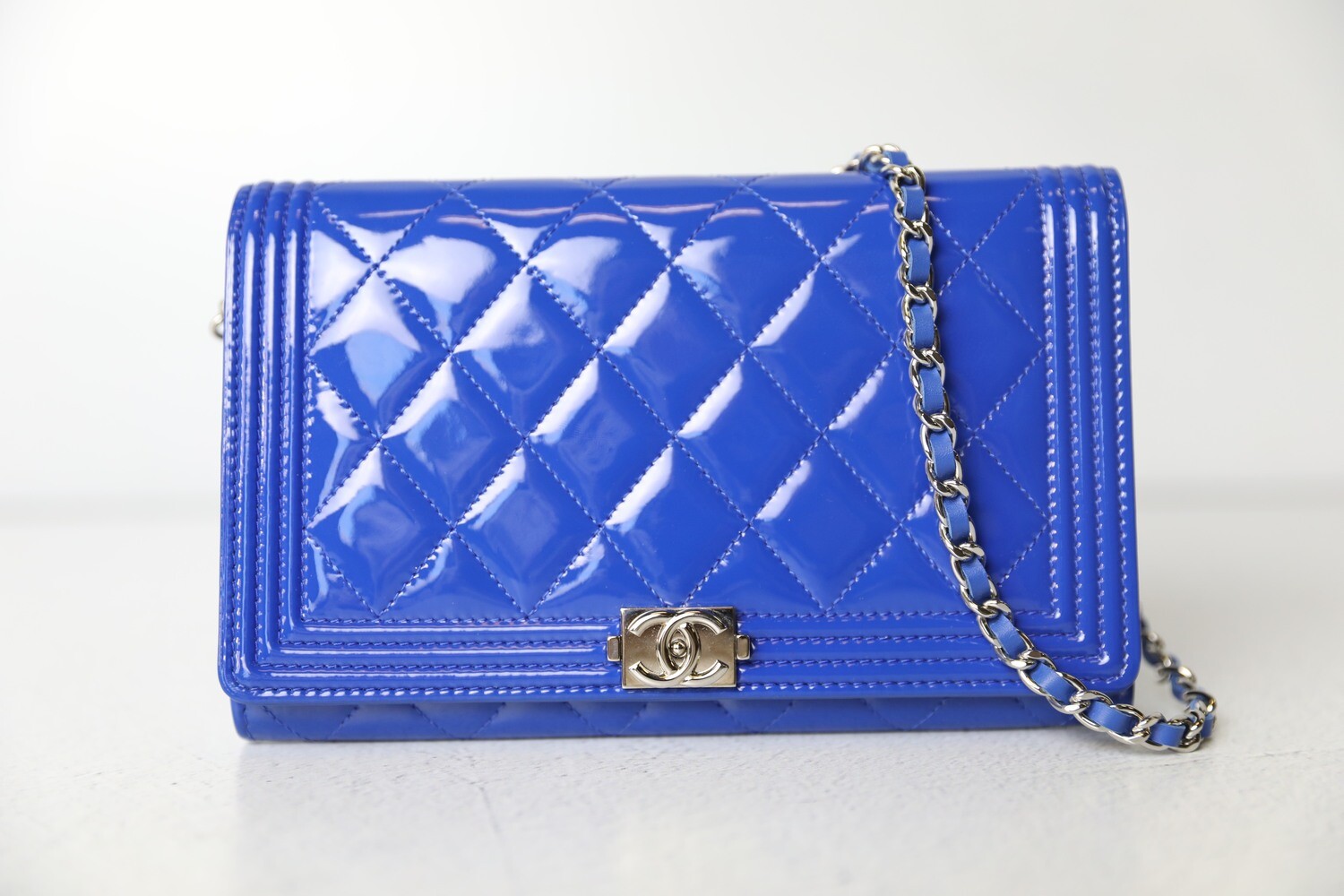 Chanel Boy Wallet on Chain, Blue Patent with Silver Hardware, Preowned in Box WA001