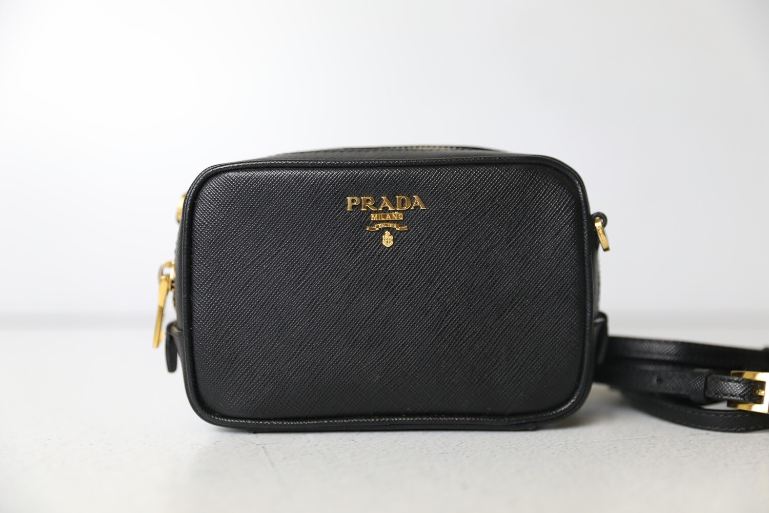 Prada Mini Camera Bag, Black Saffiano Leather, Preowned in Dustbag