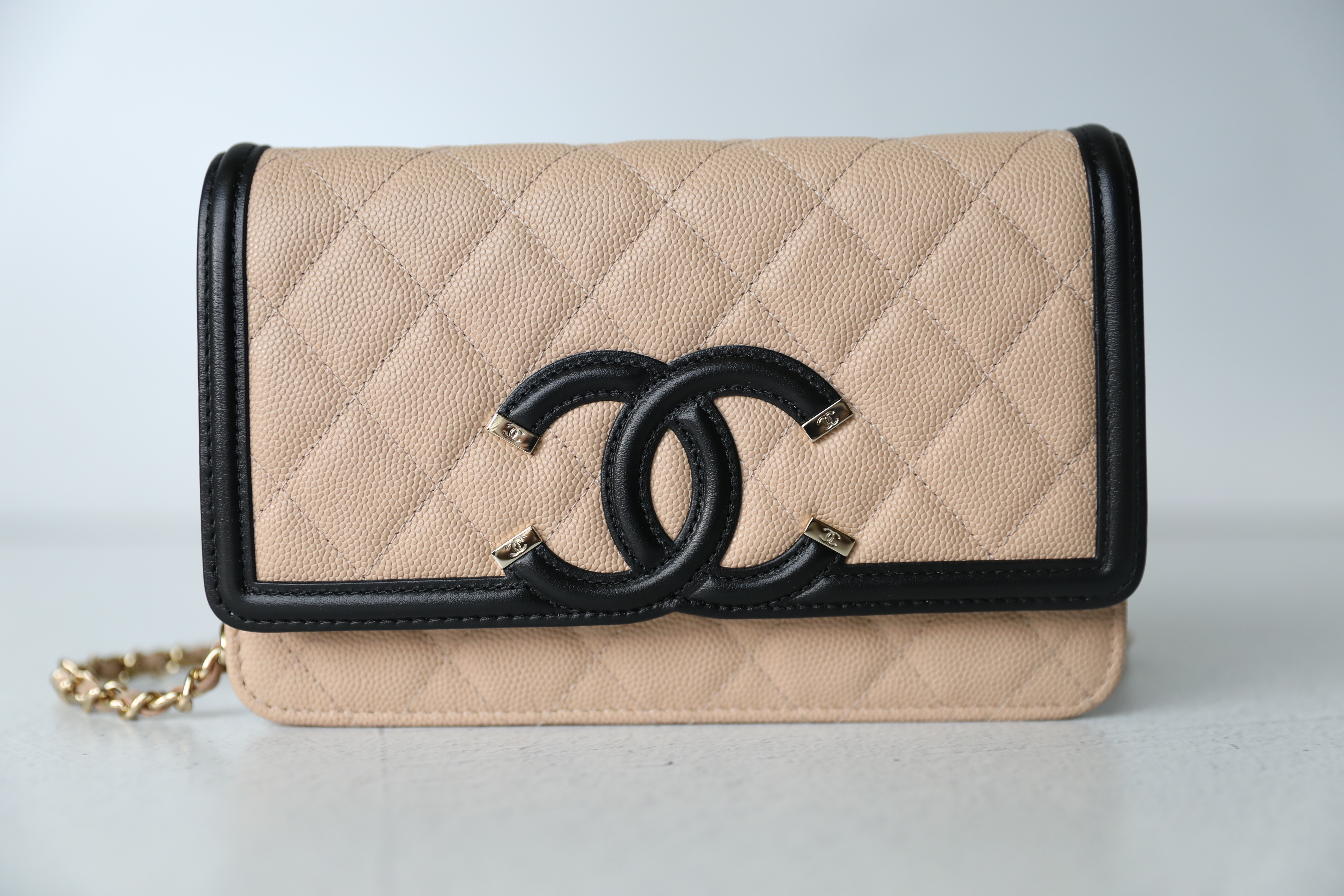 Chanel Filigree Wallet on Chain Beige Caviar with Black Trim Preowned in Box WA001