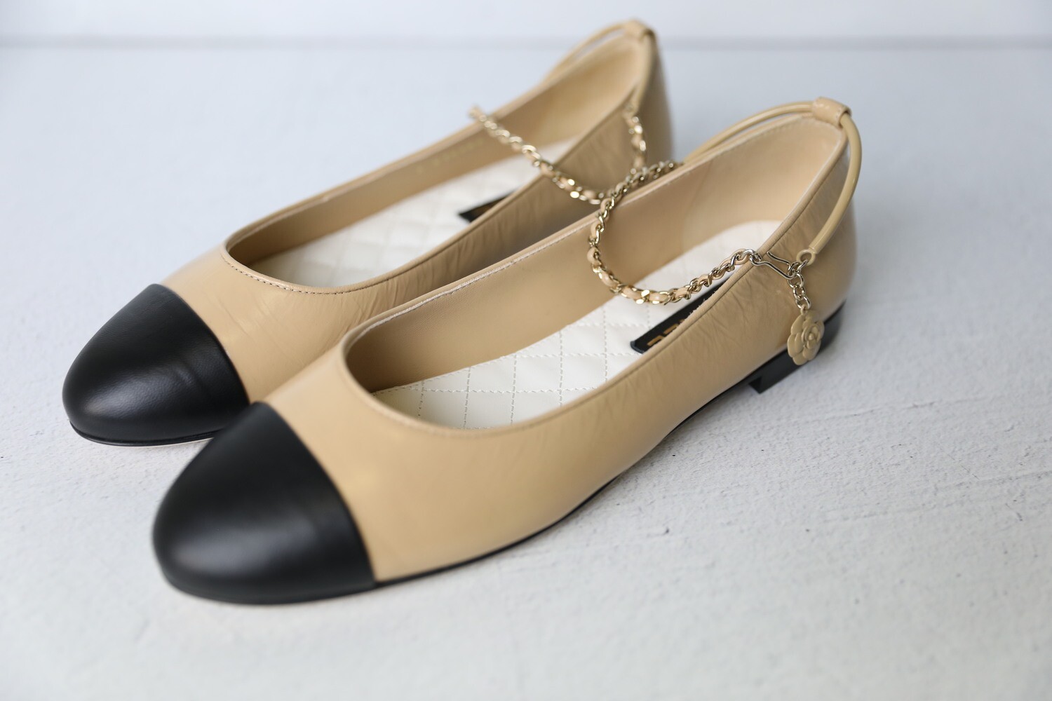 Chanel Ballet Flats with Ankle Strap, Beige and Black, Size 41, As New in  Box WA001