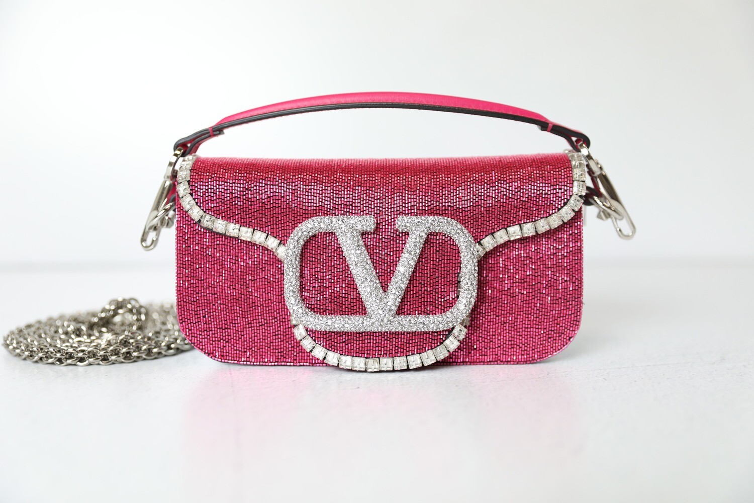 Valentino V Logo Crystal Beaded Bag, Magenta Pink with Silver Hardware, New  in Dustbag WA001