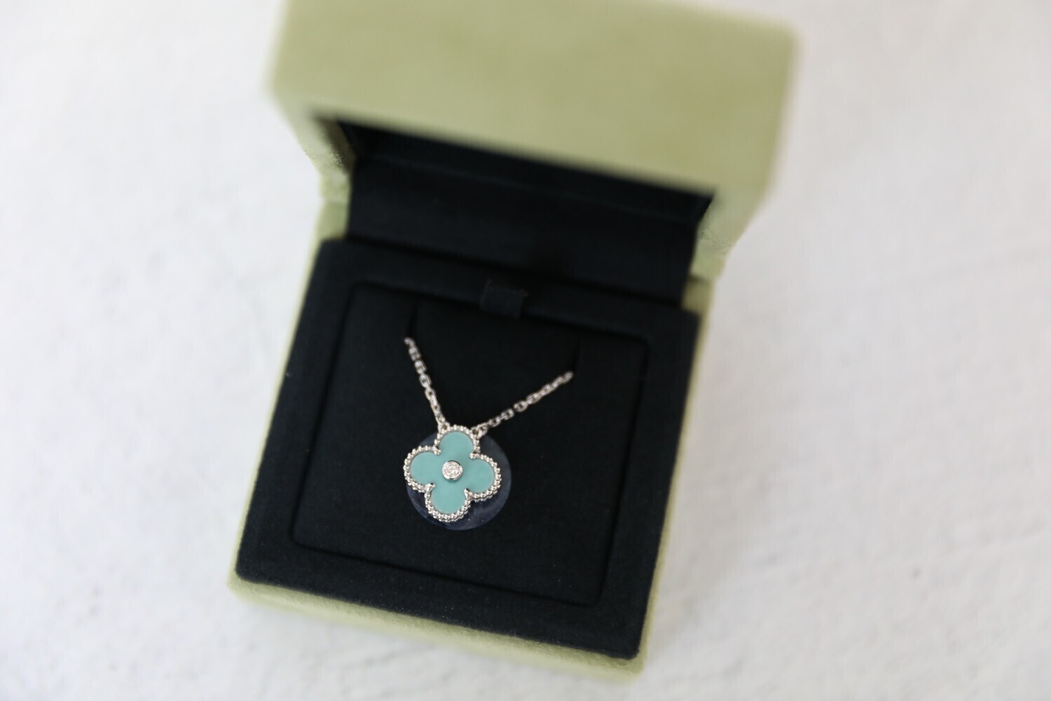 Van Cleef & Arpels VCA 2022 Holiday Celadon Diamond Pendant Necklace with White Gold, New in Box